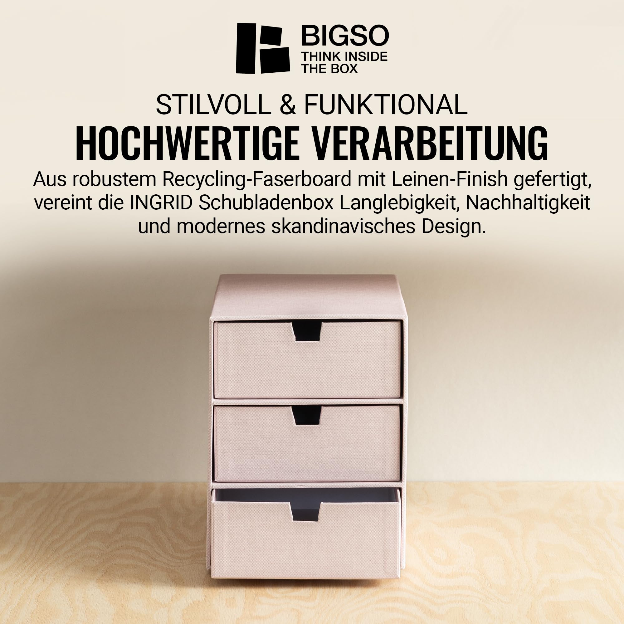 BIGSO INGRID Schubladenbox für Dokumente und Bürobedarf – Schreibtisch Organizer mit 3 Schubladen – Ablagesystem aus 100% recycelter Faserplatte und Papier in Leinenoptik – rosa