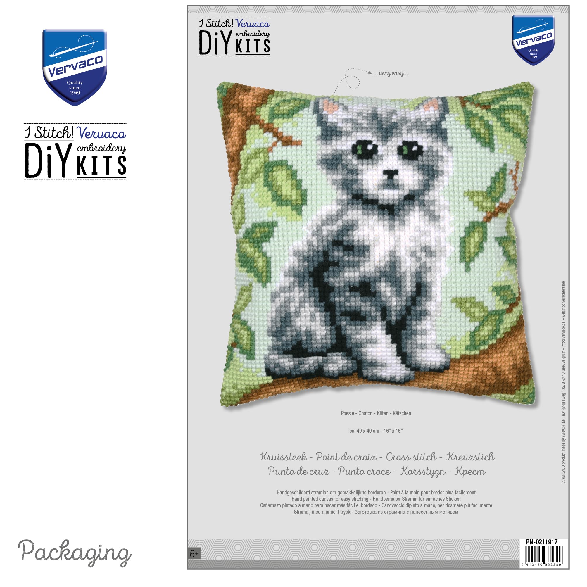 VERVACO Zestaw do Haftu Krzyżykowego Poduszka KOTEK Kanwa z Nadrukiem 40 x 40 cm Gruba Włóczka Akrylowa Zrób to Sam Dekoracja Domu DIY Cross Stitch Kit