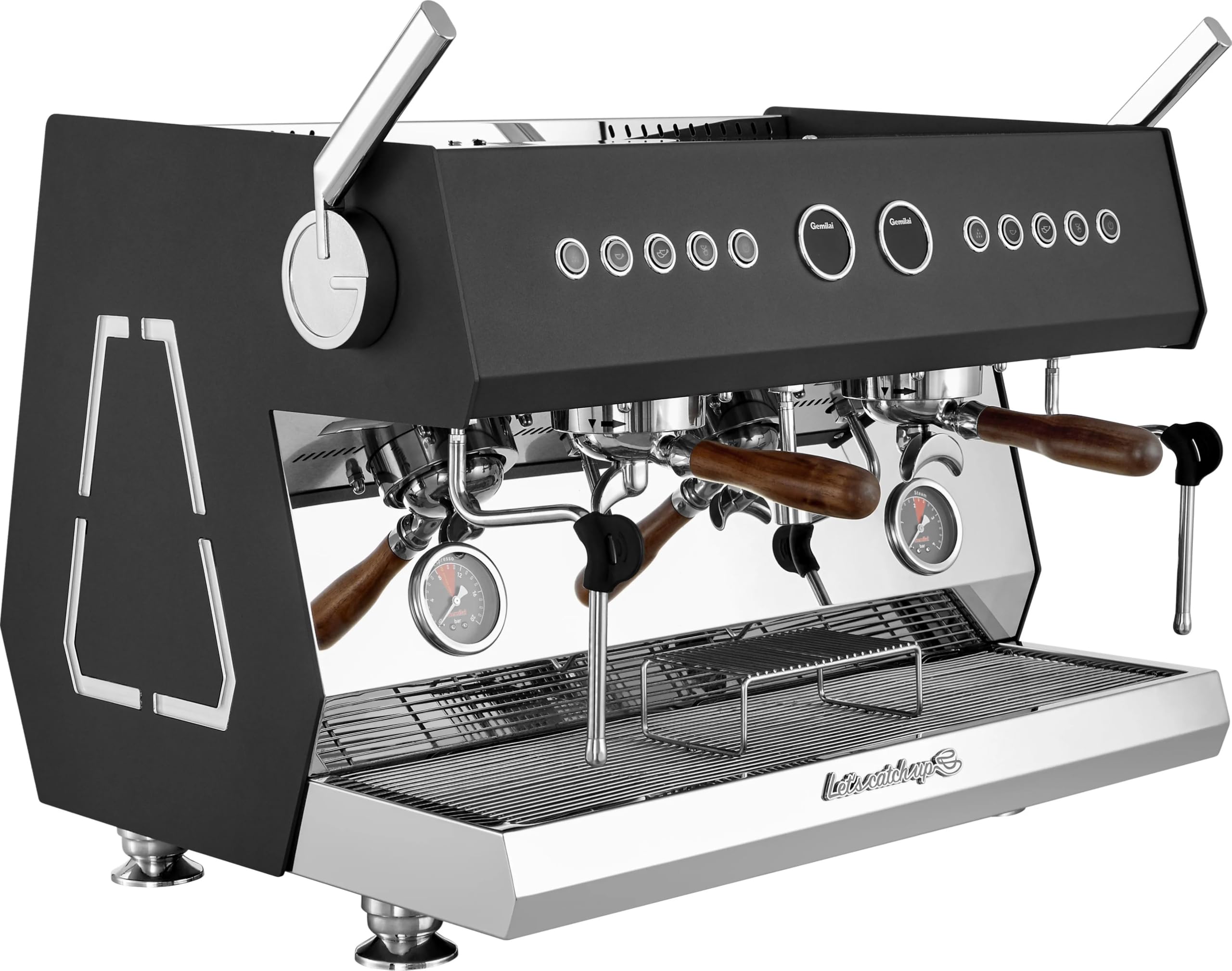 Commercial 2-Group Volumetric Espresso Machine for Restaurant and Café Use, Stainless Steel and Copper Construction, 220V, Dark Gray