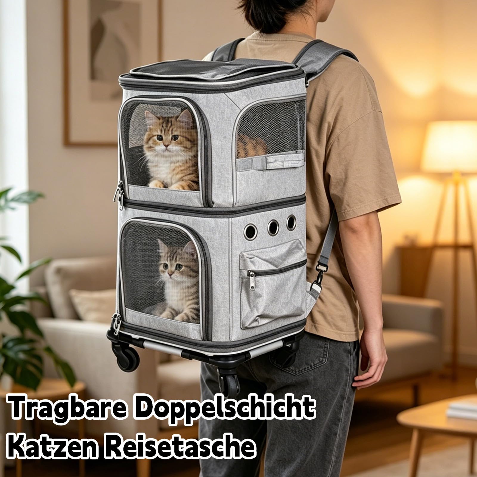 Katzenrucksack Große Katzen, Transportbox Katze für 2 Katzen bis 12kg, Katzentransportbox mit Abnehmbare Rollen, Hunderucksack für Wandern, Reisen, Grau