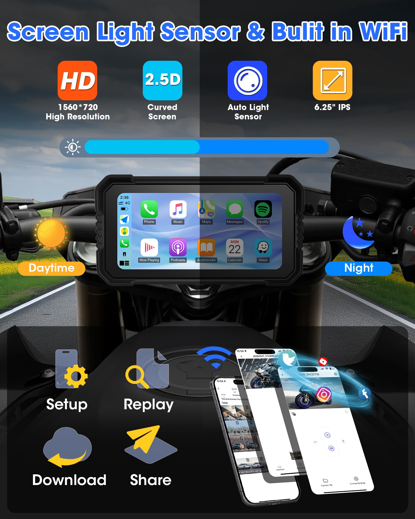 Navigatore Moto con CarPlay Android Auto 4K 6,25 Pollici WiFi GPS 64GB