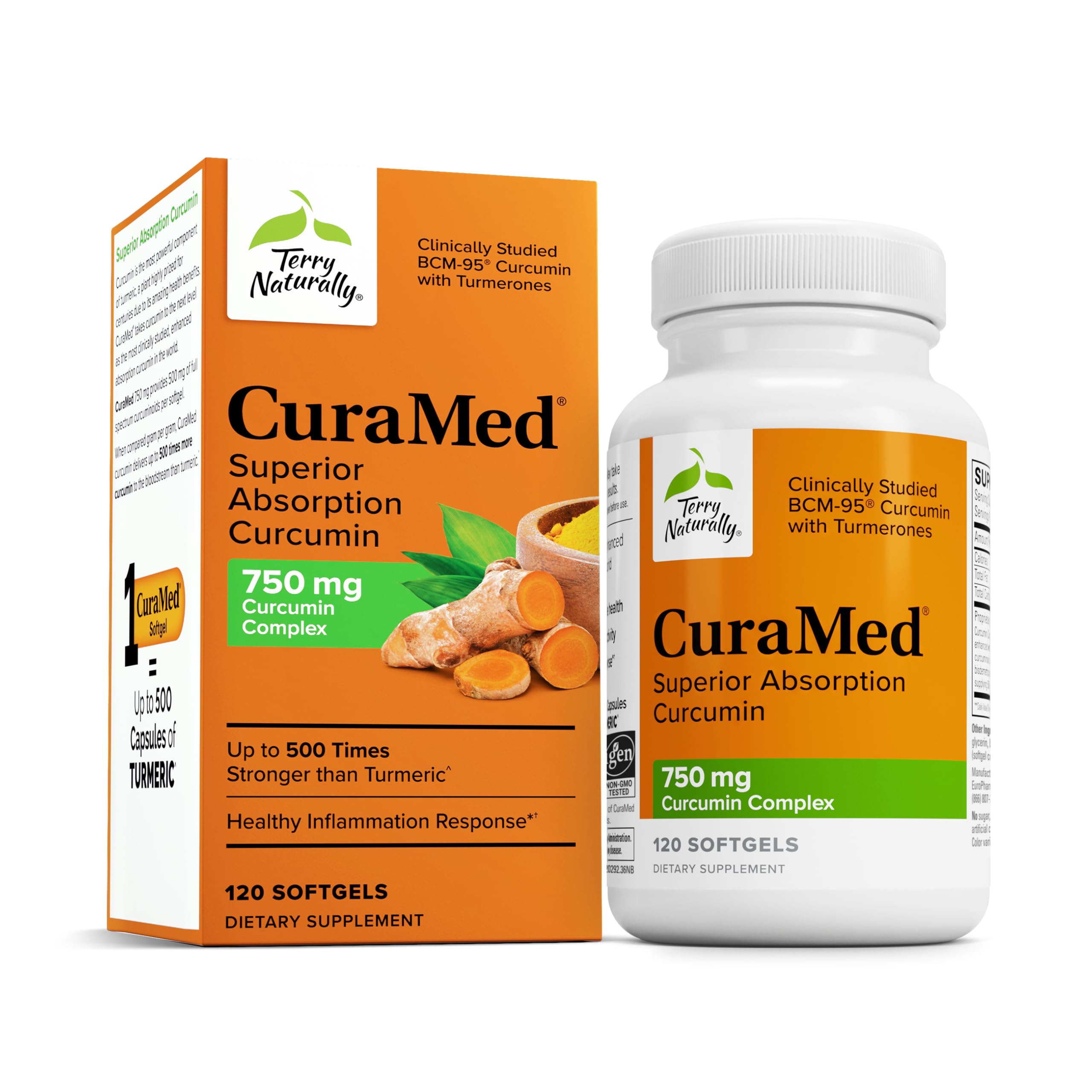 Terry Naturally CuraMed 750 mg - Antioxidant Supplement for Brain & Heart Health Support - Supplement with High-Potency Curcumin Complex - Kidney, Liver & Immune Health Support - 120 Softgels (1 Pack)