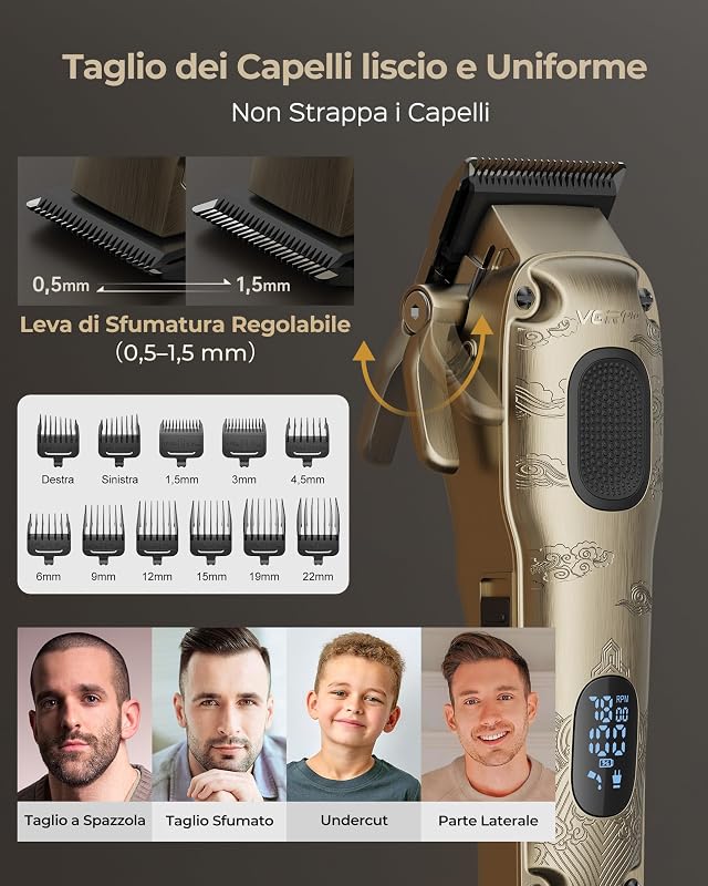 Set profesional de tuns și bărbierit pentru bărbați VGRPRO, auriu, aparat de ras electric cu folie, 4 trepte de viteză, afișaj LED pentru baterie