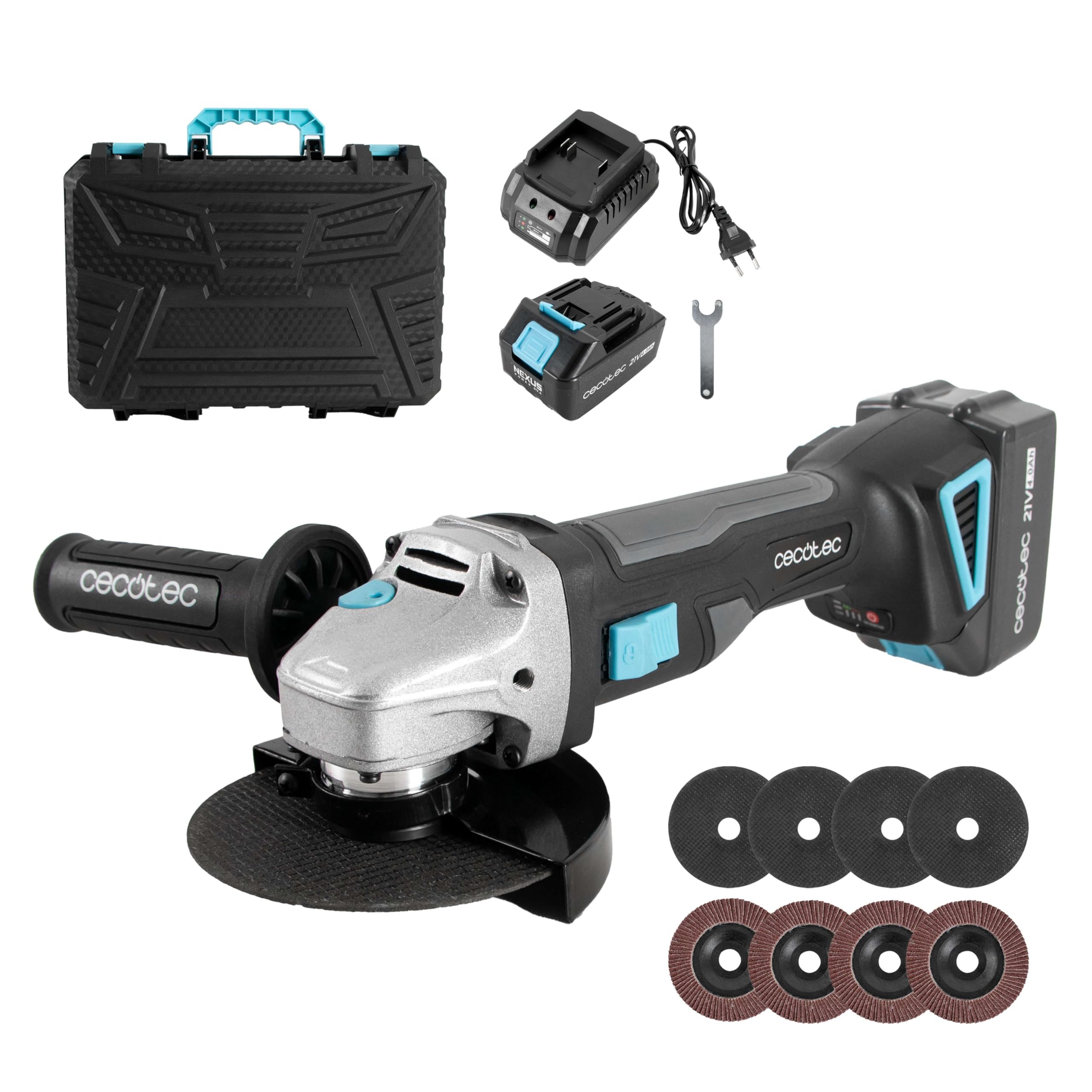 Cecotec Amoladora Angular a Batería RadialPower 2120 Freemove. Batería 21V, Motor sin Escobillas, Compatible con Discos de 125mm, Velocidad hasta 12.000rpm, Incluye 8 Discos y Maletín