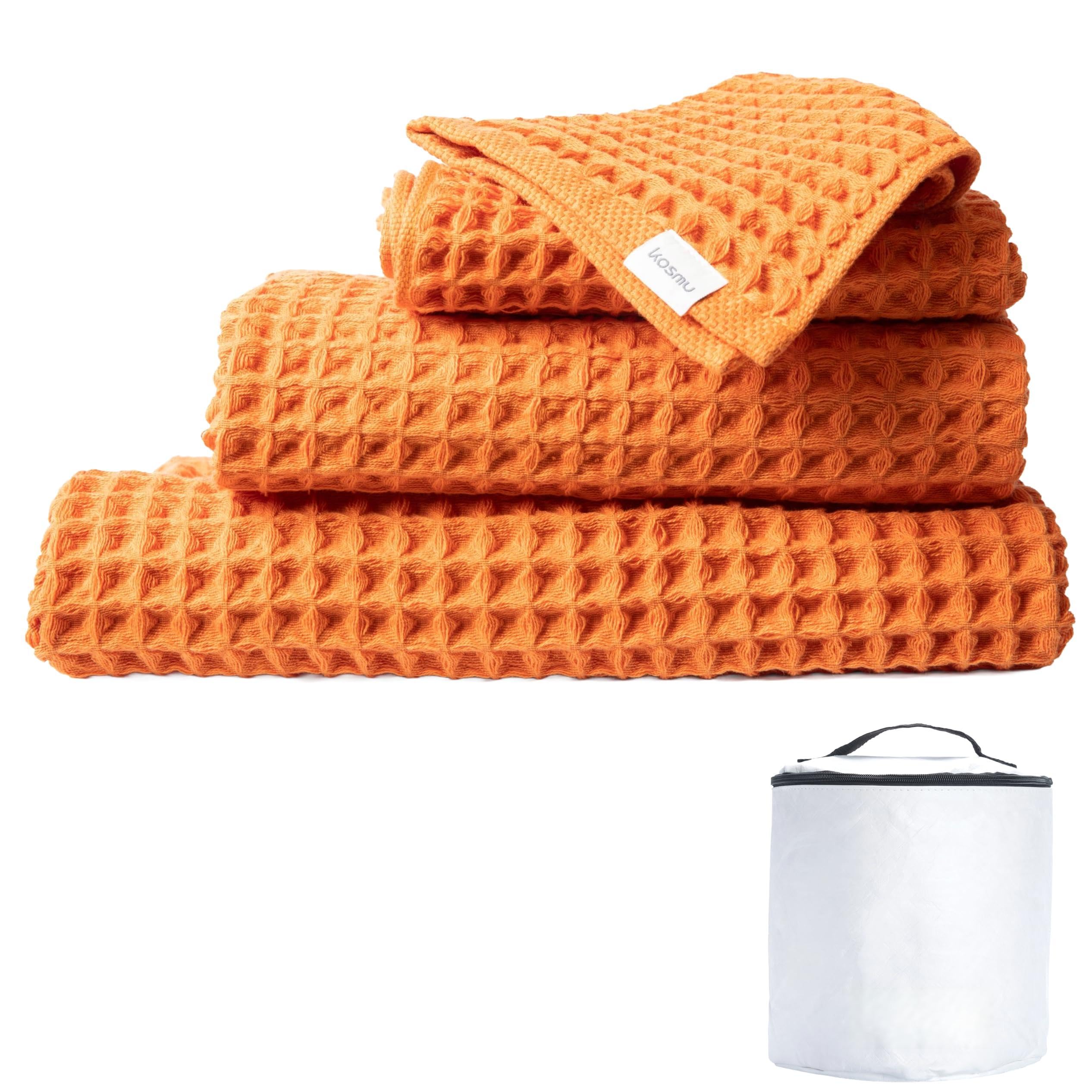 KOSMU Luxury Japanese Cotton Waffle Bath Towel | Plush, Absorbent, and Quick Dry | Free Storage Bag Included (Coral Orange, Complete Set (4-Piece))