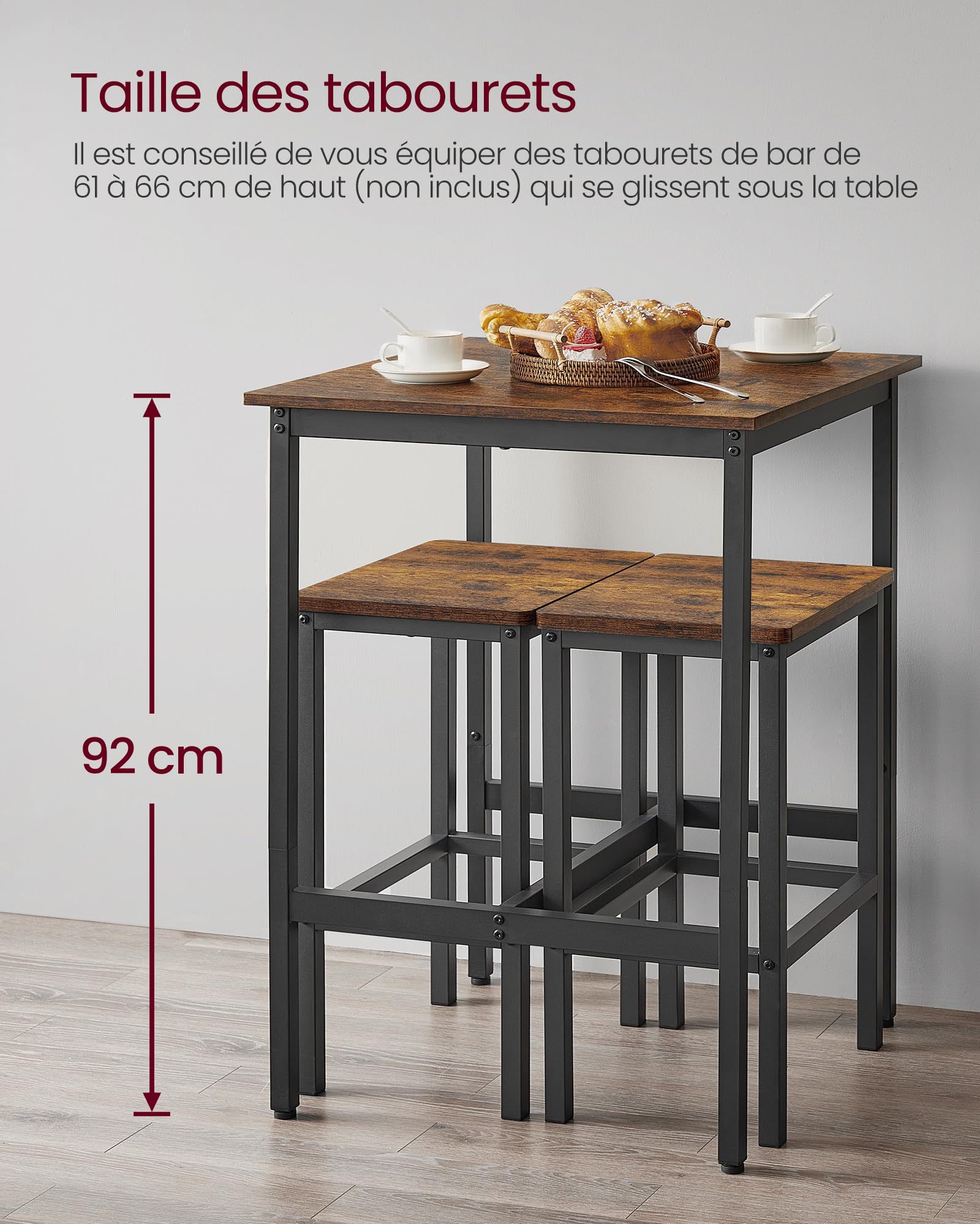 VASAGLE Table Haute, Table de Bar Carrée, Cadre en Acier, 60 x 60 x 92 cm, Montage Facile, pour Cuisine, Salon, Style Industriel, Marron Rustique et Noir LBT25X