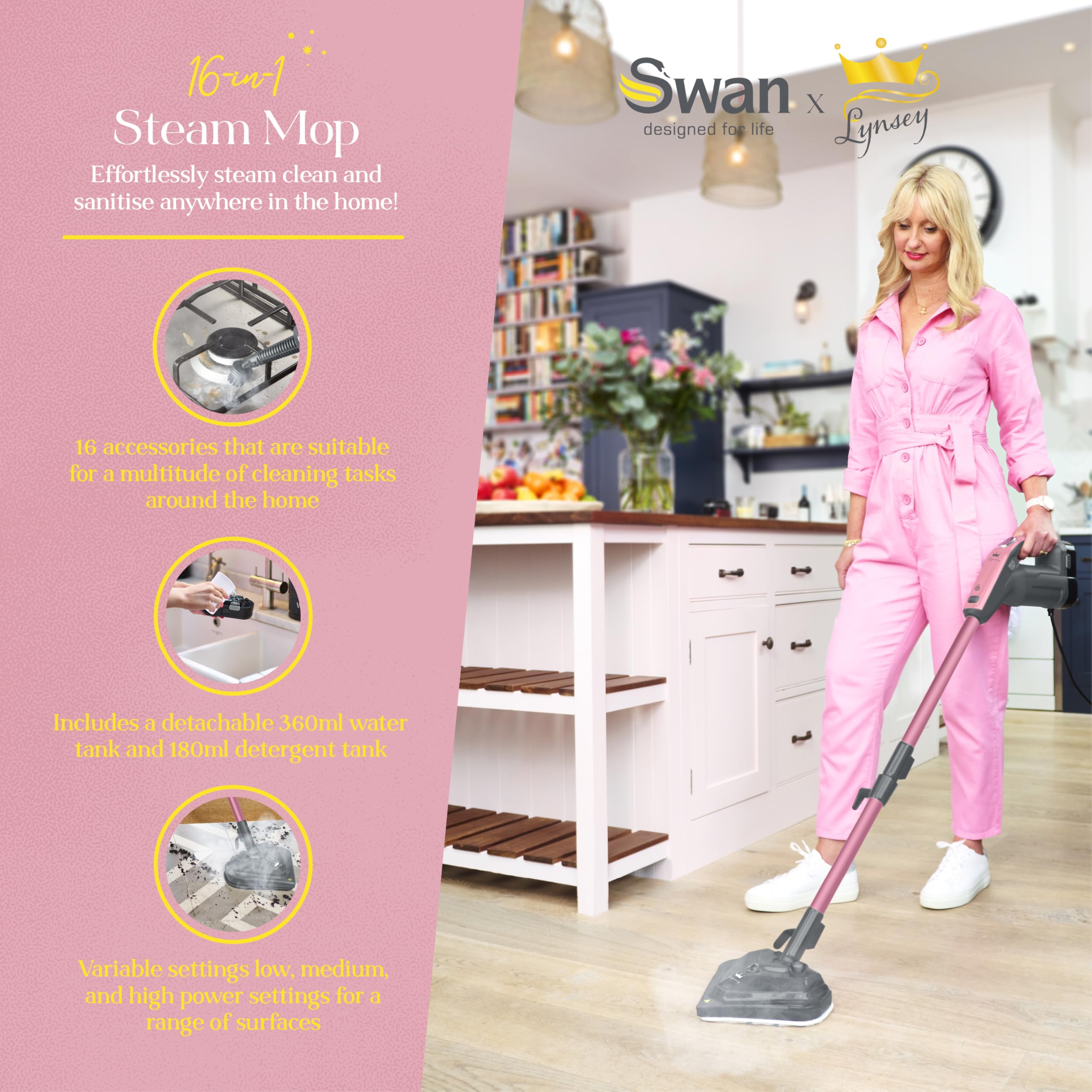 Swan SC30131QOC - Escoba de vapor (16 en 1, con 3 ajustes de vapor, 16 accesorios, función de mano extraíble y cable de alimentación de 5 m, color rosa