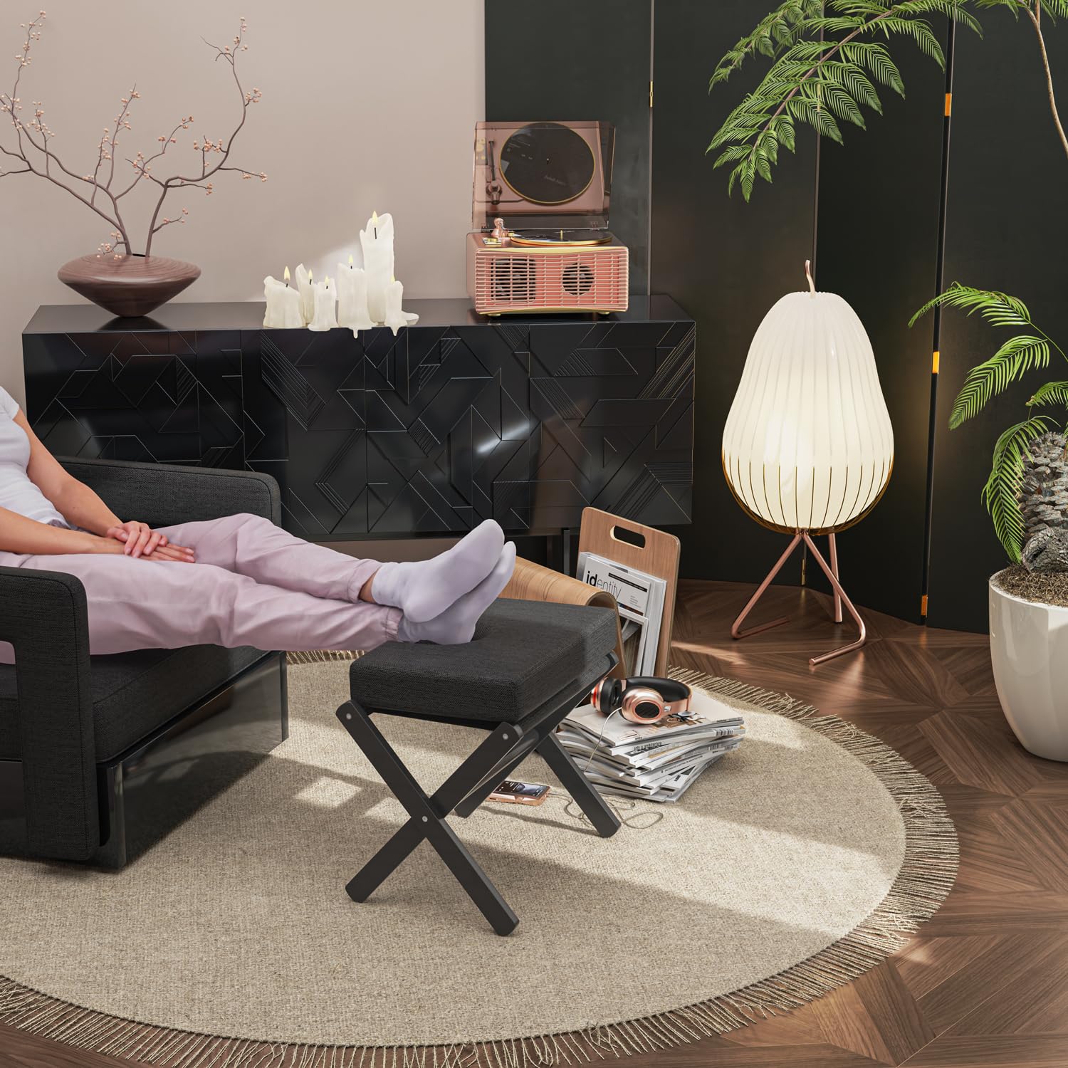 BAMBOOHOMIE Makeup Eitelkeit Hocker, Faltbarer Fußhocker mit Bambus X Beinen, Ottoman Fußstütze Stuhl für Vanity, Moderne Fußhocker klein gepolstert für Wohnzimmer (Schwarz - Schwarz)