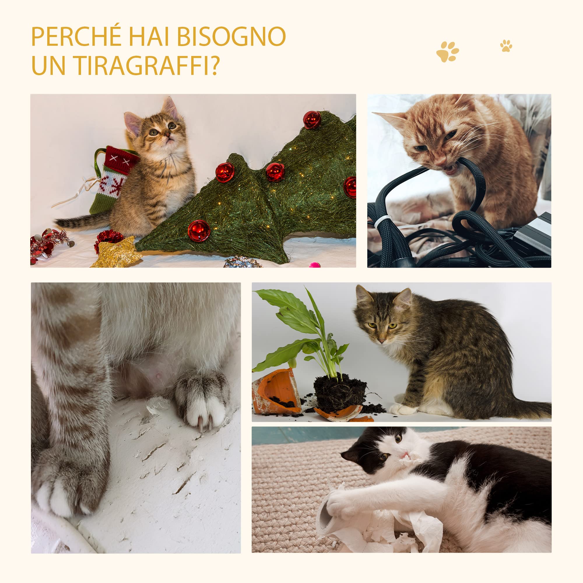 PawHut Casetta per Gatti con Pali Tiragraffi in Sisal, Cuccia e Lettino con Cuscini Lavabili e Pallina, 35x35x81cm, Rovere