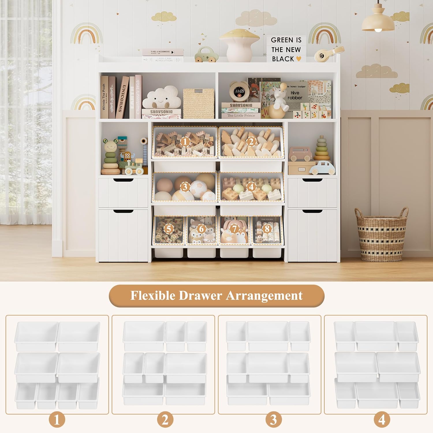 HORSTORS 55" W Toy Storage Organizer with Drawers, Large Kids Toy Storage Box with Removable Bins, Tall Kids Bookshelf and Bookcase for Boys and Girls, Modern Toy Chest for Playroom, Classroom, White