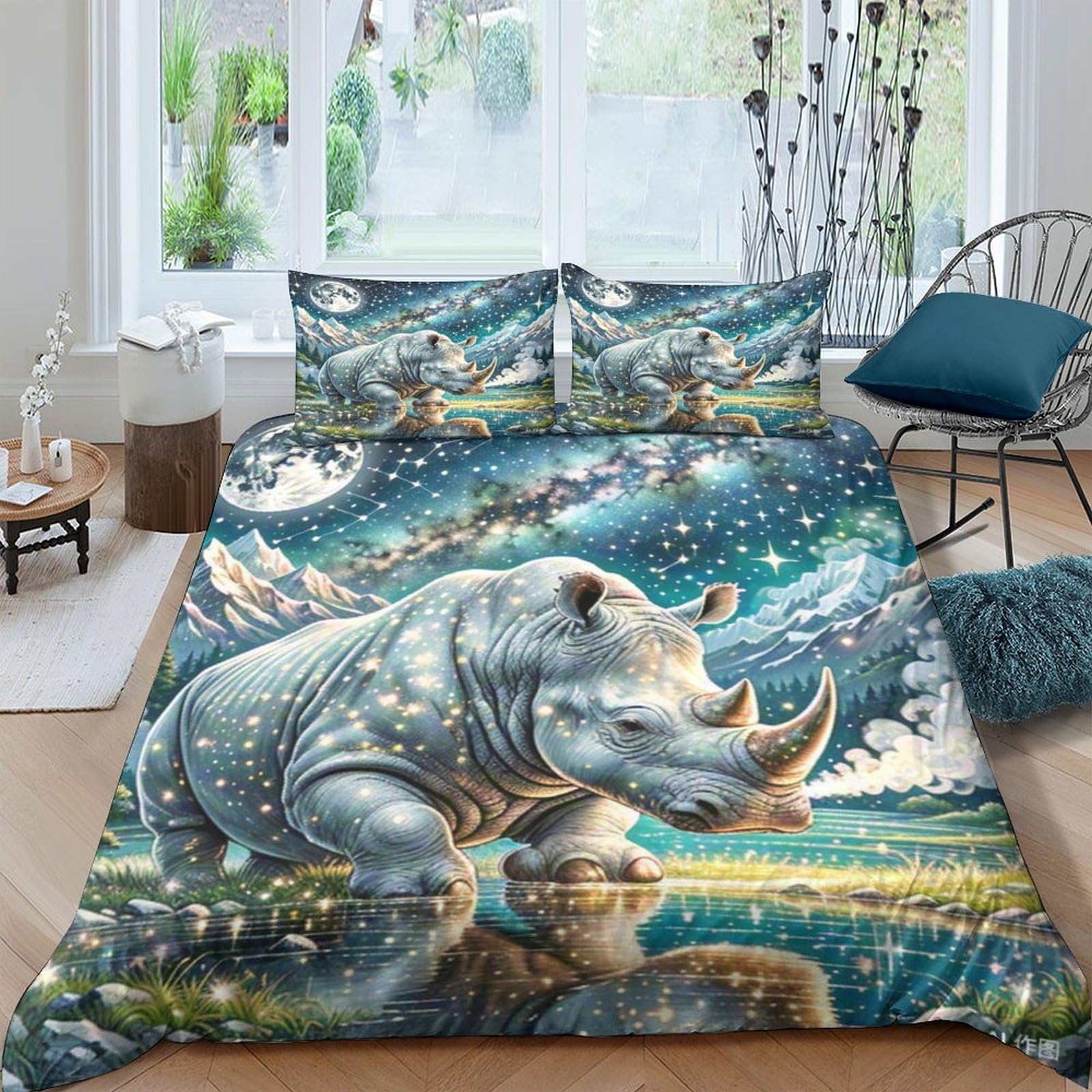Housse de couette rhinocéros 3D 200x200cm en microfibre douce pour lit double