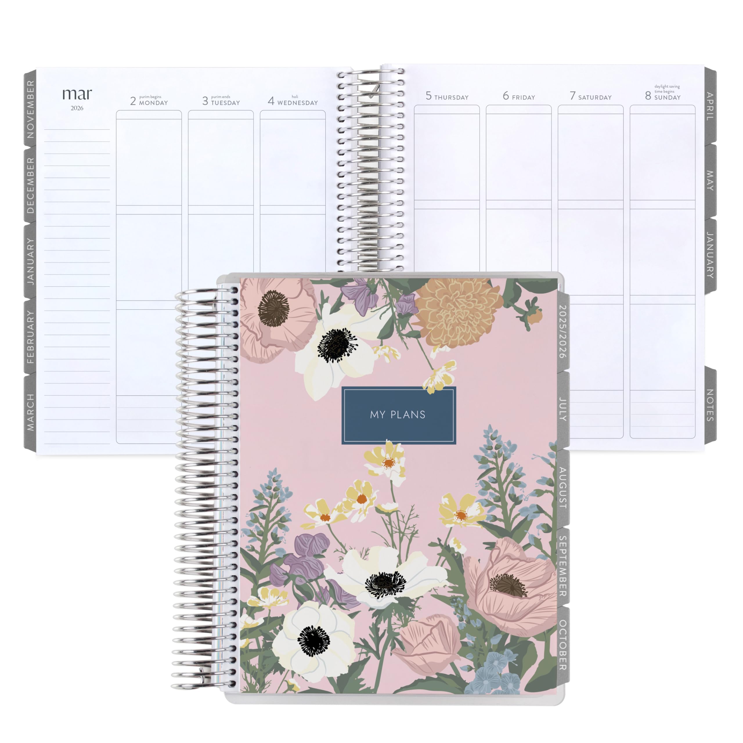 7x9 Coiled Life Planner (January 2026 - December 2026) - Bouquet classic cover, vertical layout, Minimal theme, platinum coil