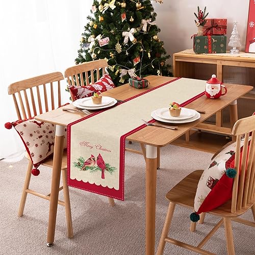 Miniatura 4 de Bonhause Camino de mesa cardenal rojo navideño de 13 x 72 pulgadas, pájaro en rama de pino estacional, invierno, vacaciones, cocina, comedor,