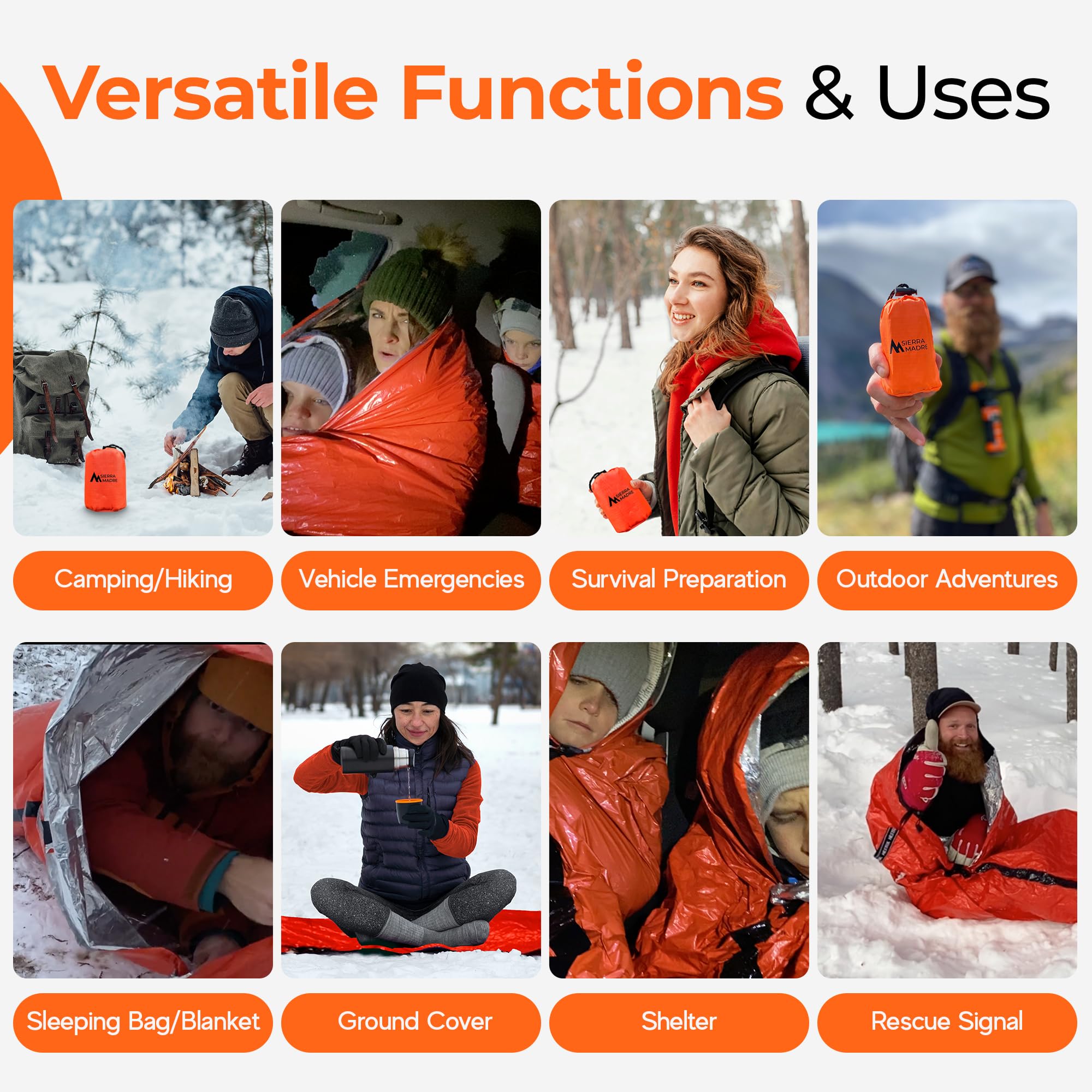 Sierra Madre Notfallschlafsack – Ultraleichtes, wasserdichtes Mylar-Thermo-Bivy-Sack-Zelt zum Wandern, Bug-Out-Bags, Survival-Kits – Notfall-Survival-Decke für Wärmespeicherung, 5 Stück