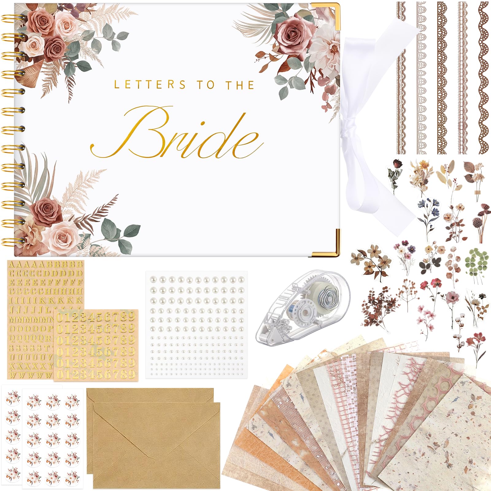 Livre d'or de mariage Lettres à la mariée Scrapbooking Livre de souvenirs de mariage Papier vierge Scrapbooking Album photo Invité avec autocollants nacrés (21,6 x 17,8 cm, vintage, marron)