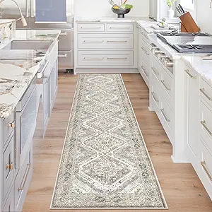 KUTA Oriental Kitchen Runner Rug, 2x8 Vintage Washable Hallway Rugs Ivory Grey Yellow Non-Slip Ultra Soft Printed Distressed Tribal Boho Floor Carpet Runners for Bedroom Living Room Nursery