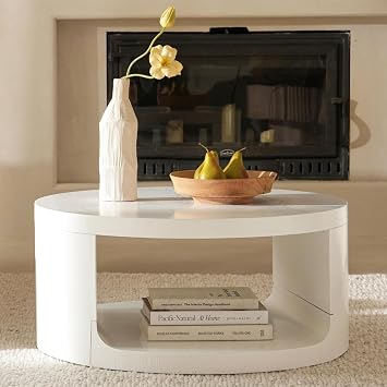 Round White Coffee Table with Storage, Modern Living Room Table, 31 * 14in