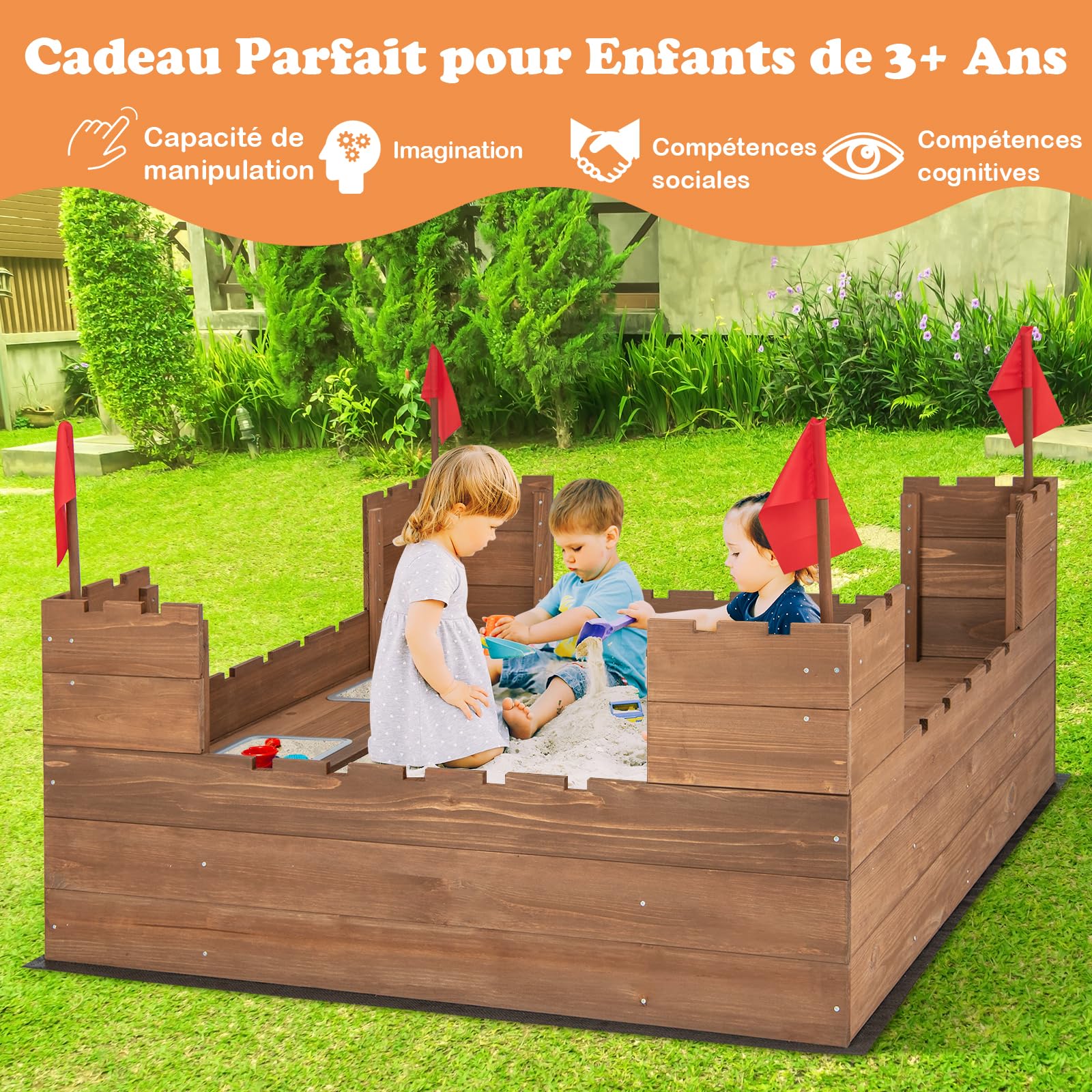 COSTWAY Bac à Sable en Bois Enfants 113 x 116cm avec 2 Bancs, Boîte à Sable sur Thème du Château avec 2 Boîte Amovibles & Drapeaux, Capacité de Sable 120L pour 2 Enfants de 3-8 Ans