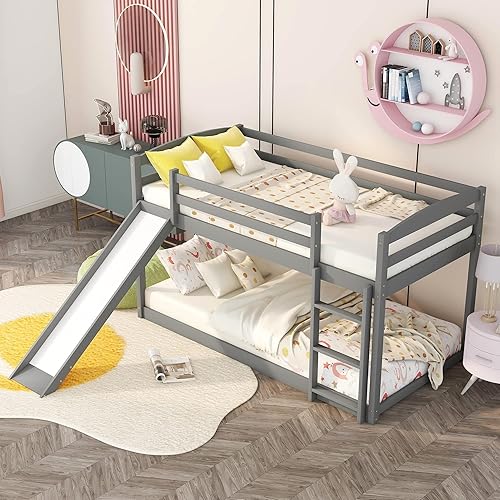 Miniatura 3 de Literas de tamaño individual sobre individual litera de madera con tobogán litera baja para niños con escalera litera de piso para niños pequeños no