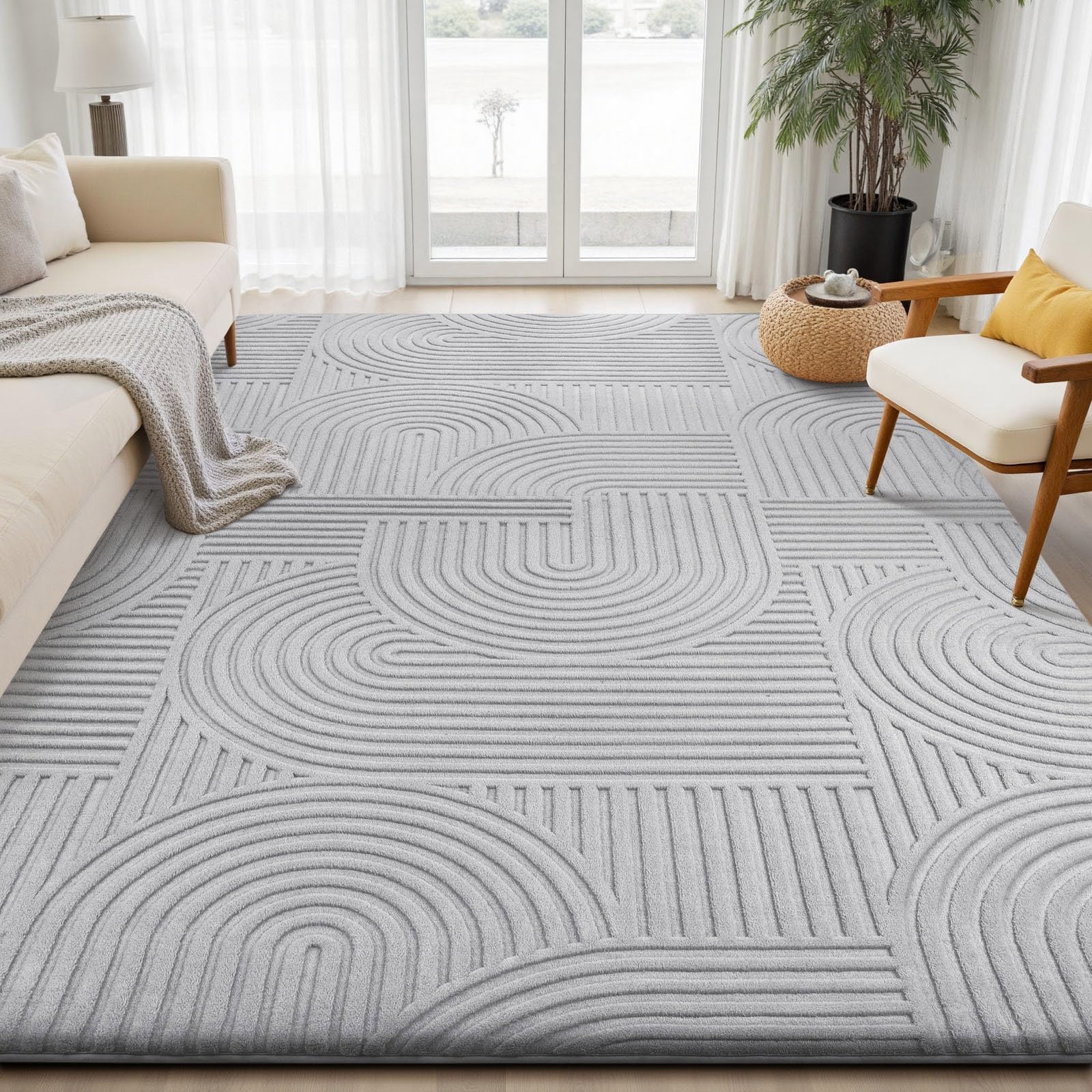Sour Lemon Tapis de salon 200 x 300 cm, Tapis 3D gris clair avec design circulaire, Tapis peluche courte lavable, Tapis antidérapant pour chambre, salle à manger, cuisine et bureau