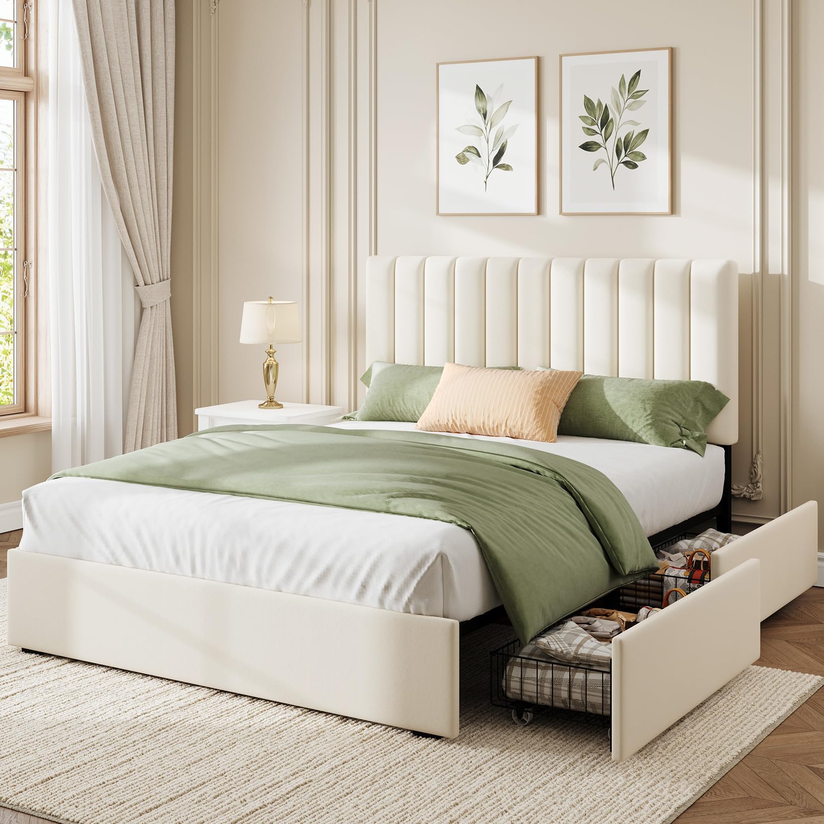 Welzona Queen Velvet Bed Frame with 4 Storage Drawers