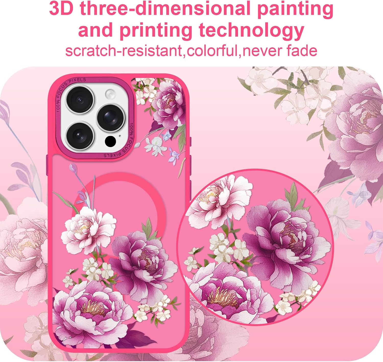 with Magnetic for iPhone 16 Pro MAX Case with Screen Protector, Anti-Fingerprint Translucent Matte Phone Cover for Girls Women-Peony/Purple
