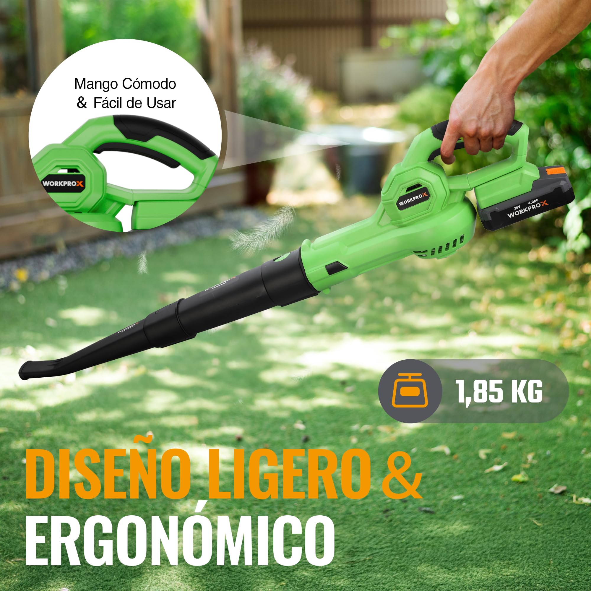 WORKPROX Soplador de Hojas, 20V Soplador de Hojas Bateria, con Flujo de Aire Potente 222KM/H, Capacidad 290 M³/H, Sopladora para Jardineria | con Flujo de Aire Potente 222KM/H, Capacidad 290 M³/H, Sopladora para Jardineria