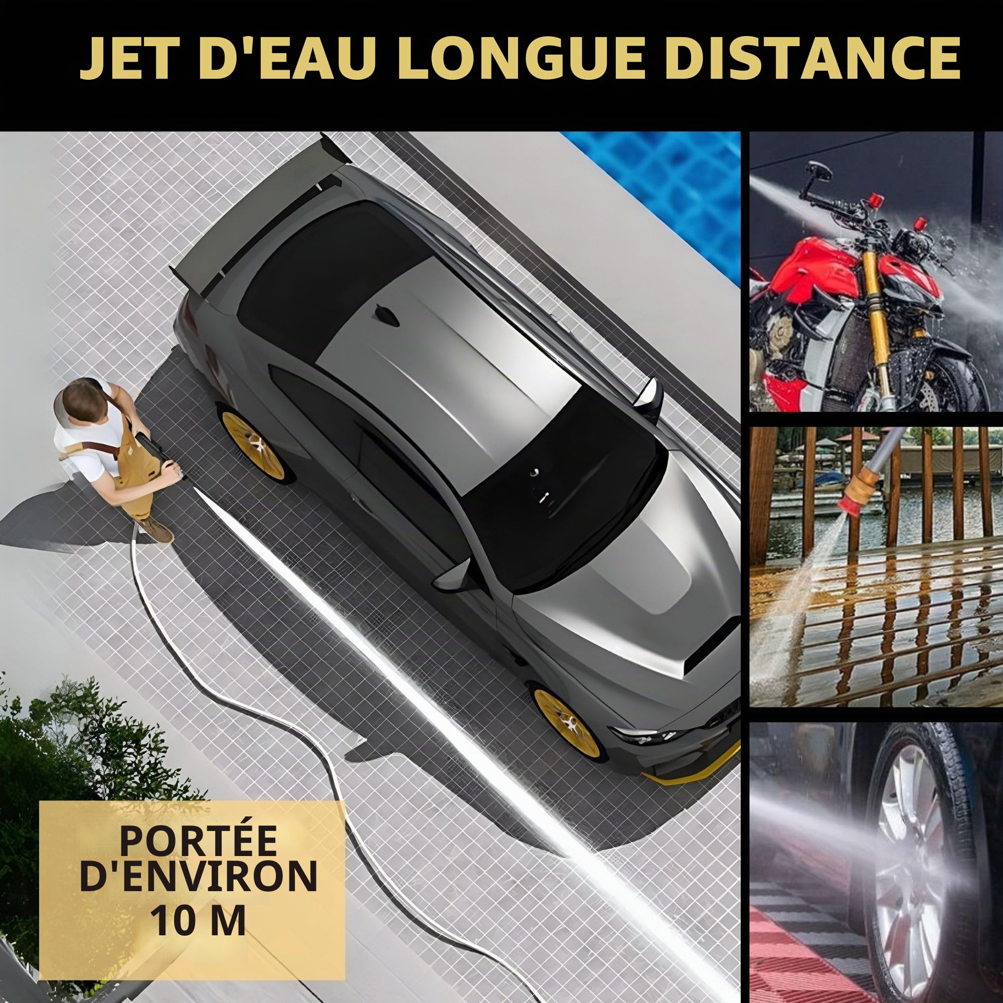 Nettoyeur Haute Pression. Pistolet Nettoyeur Haute Pression avec 2 Batteries 48V. Laveuse Électrique Portable sans Fil 35 Bars / 500PSI / 1500mAh / 300W. Rechargeable avec Accessoires.