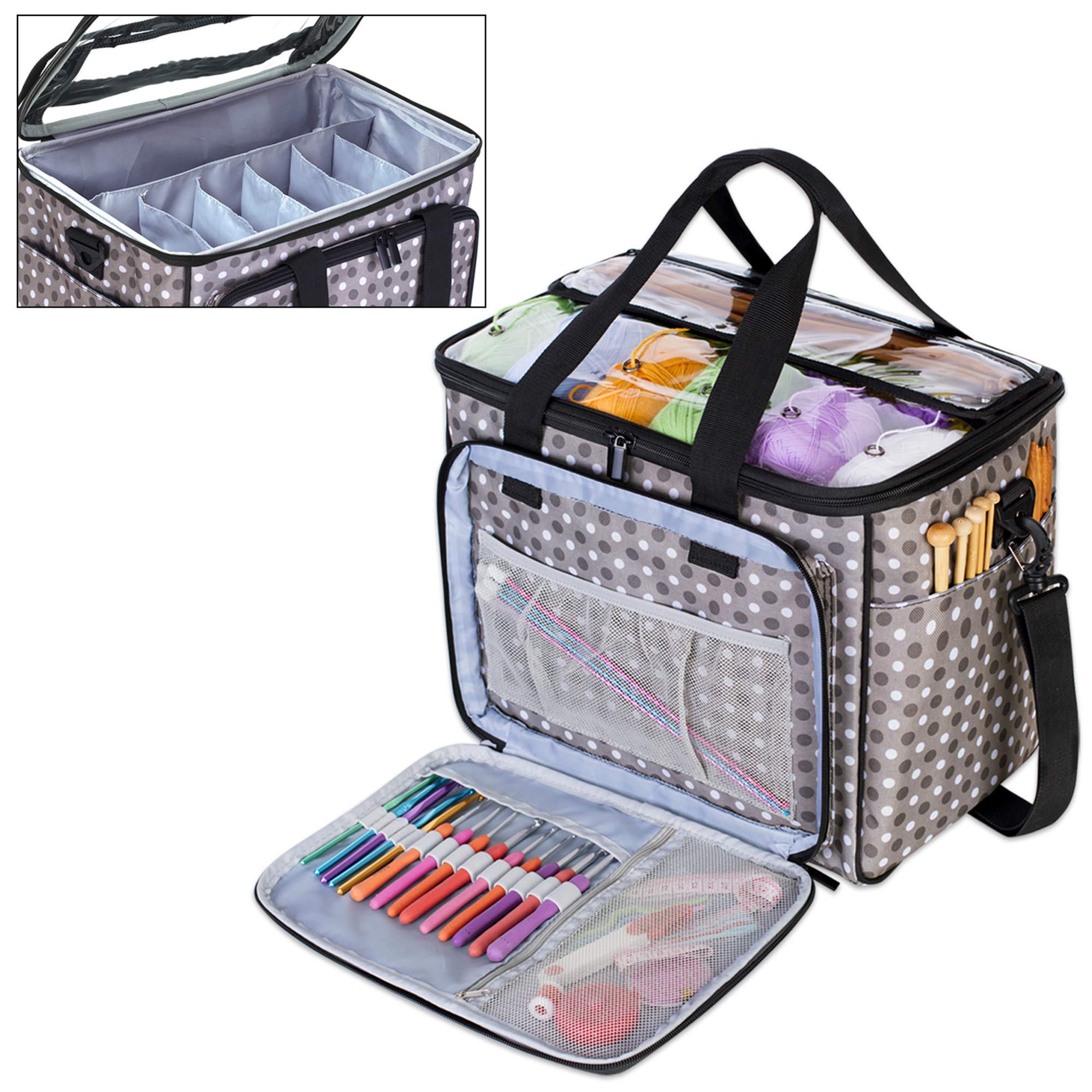 Teamoy Sac de Rangement pour Laine, Organiseur d'Outils de Couture de Grande Capacité, Étui de Transport pour Crochets, Pelotes, Aiguilles à Tricoter et Autres Accessoires, Pois Gris