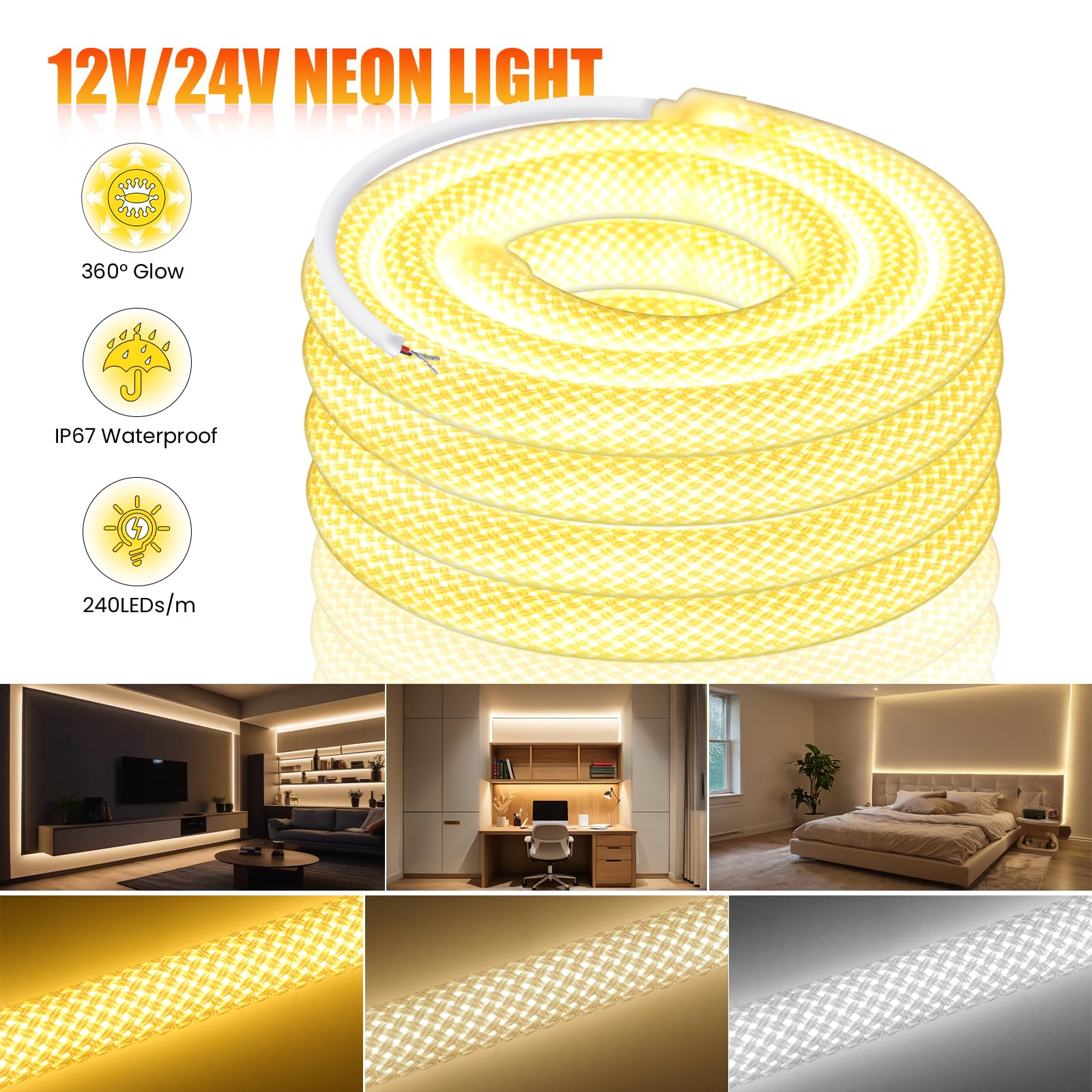 12V Neon LED Streifen 5M, 360° Rundes Maschenrohr Neon Band, SMD2835 240LEDs/m Warmweiß IP67 Wasserdichtes Schlauch Lichtband für Weihnachten, Hochzeiten, Innen/Außen Dekoration（Ohne Adapter）