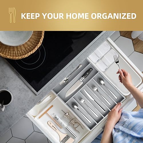 Miniatura 5 de Organizador de cubiertos de 13 pulgadas, organizador de cajones de cocina de bambú gris, 7 ranuras, organizador de cubiertos, bandeja de cubiertos