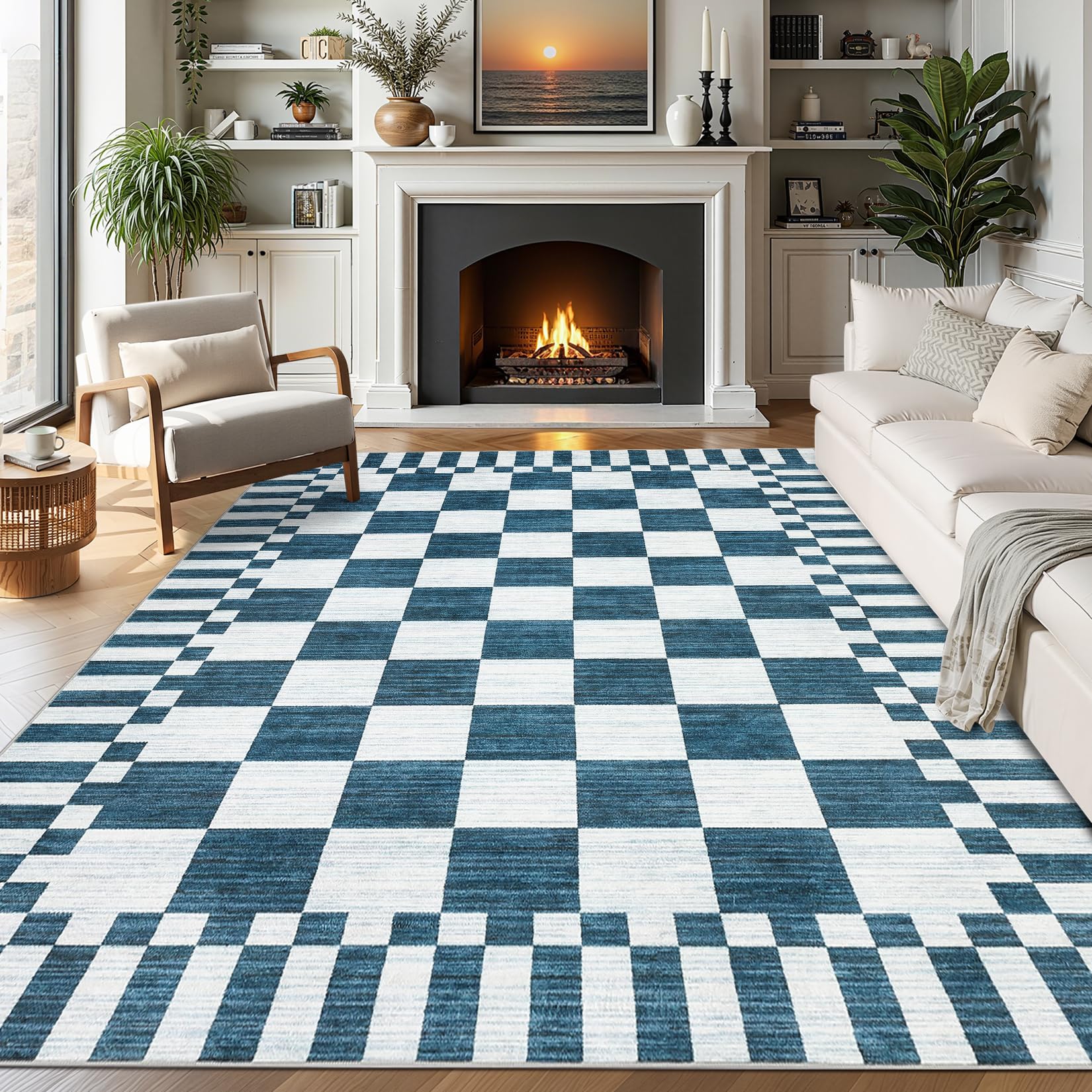GarveeHome Blue and White Checkered Rug 5×7 Area Rugs for Living Room,Non-Slip Washable Rug Soft Low-Pile, Modern Farmhouse Geometric Rugs for Bedroom