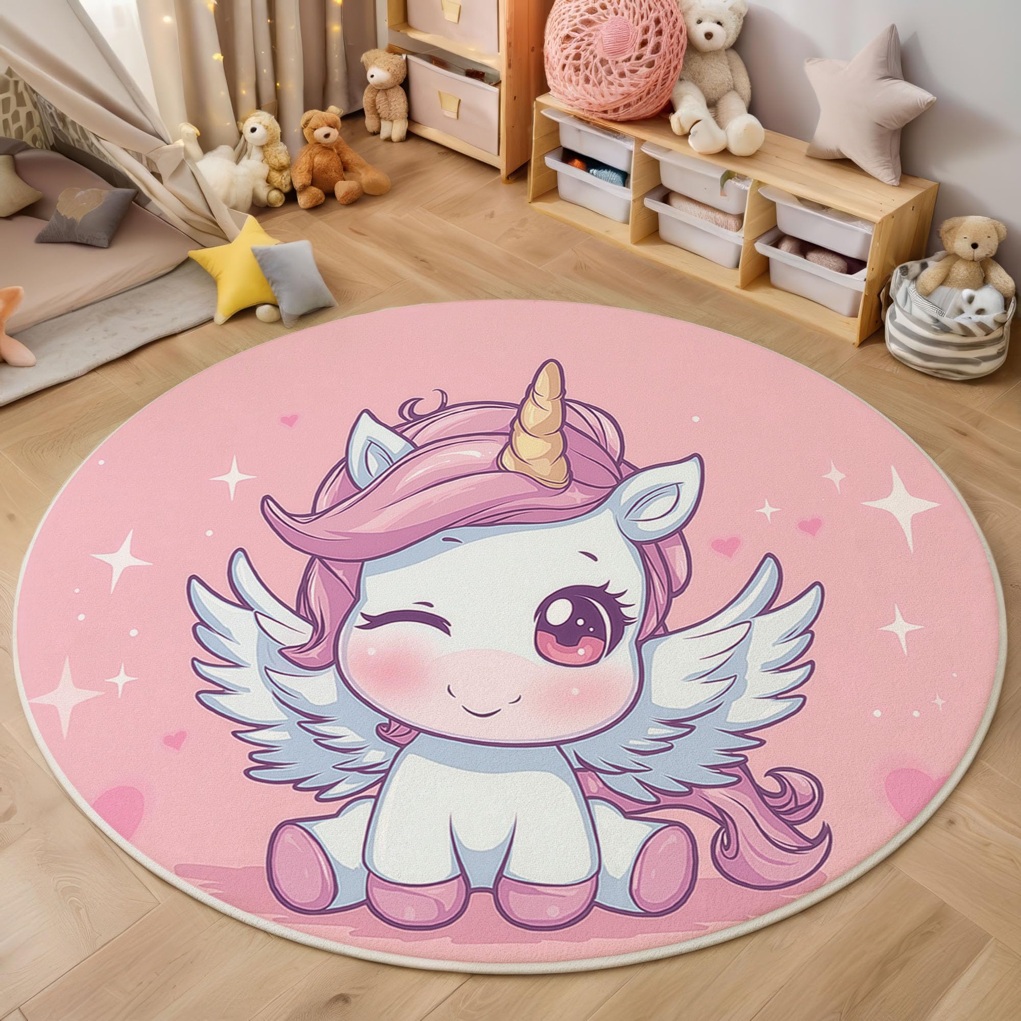 Kinderteppich Rund, Rosa Niedlicher Cartoon-Stil Süßes Einhorn, Kurzflor Waschbarer Teppich Extra Weich und Antiallergen für Jungen und Mädchen Spielzimmer 100cm