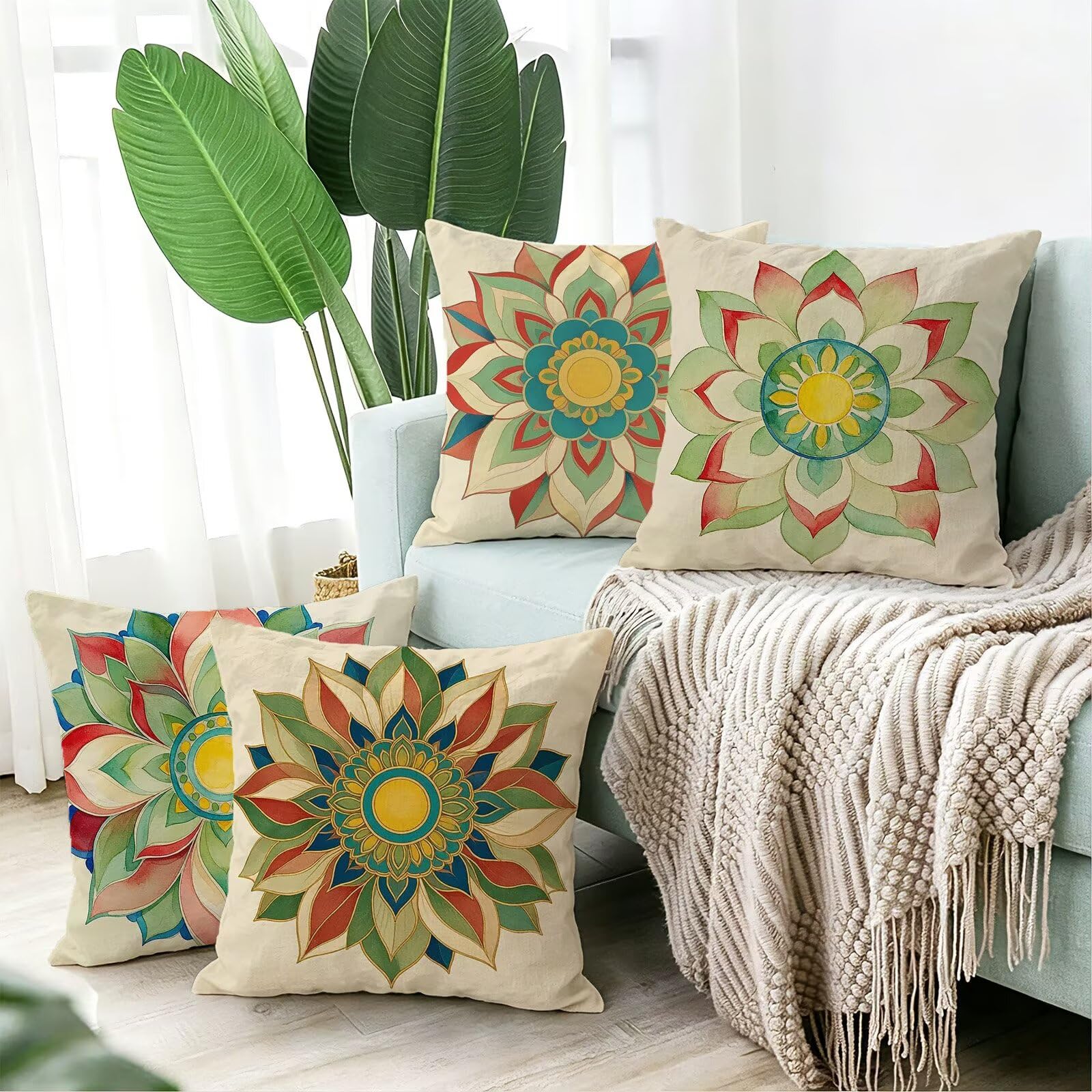 Blu Federe Cuscini Divano 50x50cm, Cuscini da Esterno Set de 4, Cod-97 | Lin Copricuscini Decorativi Letto Arredo, per Letto, Soggiorno, Giardino, Esterno, Casa Decorazione Set di 4 Fiore