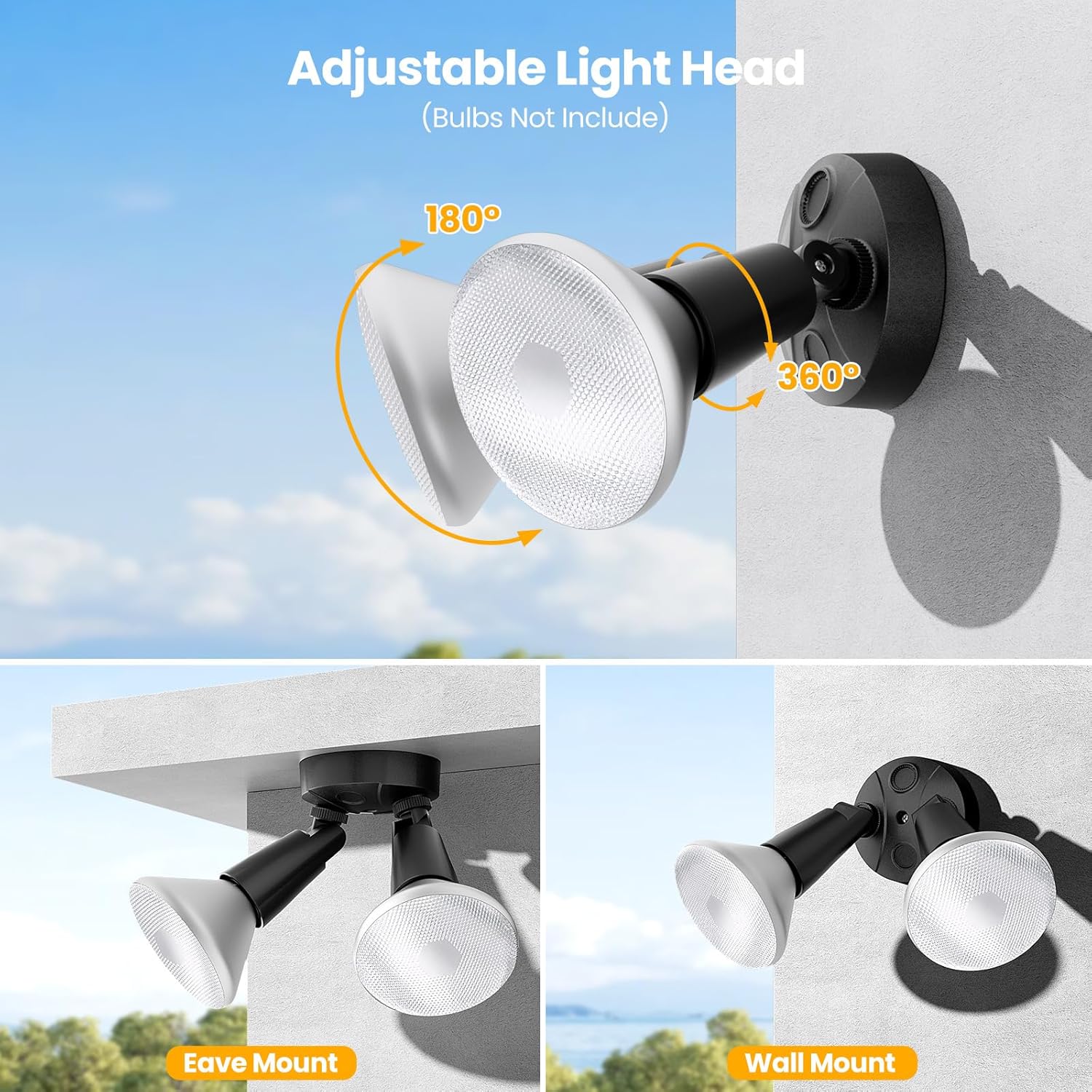 Onforu 2-Pack Adjustable Twin PAR Holder, Outdoor Flood Light Fixture Max 300W (Bulbs Not Included), Switch Controlled Security Lights, Exterior Flood Lighting for Garage, Driveway, Porch