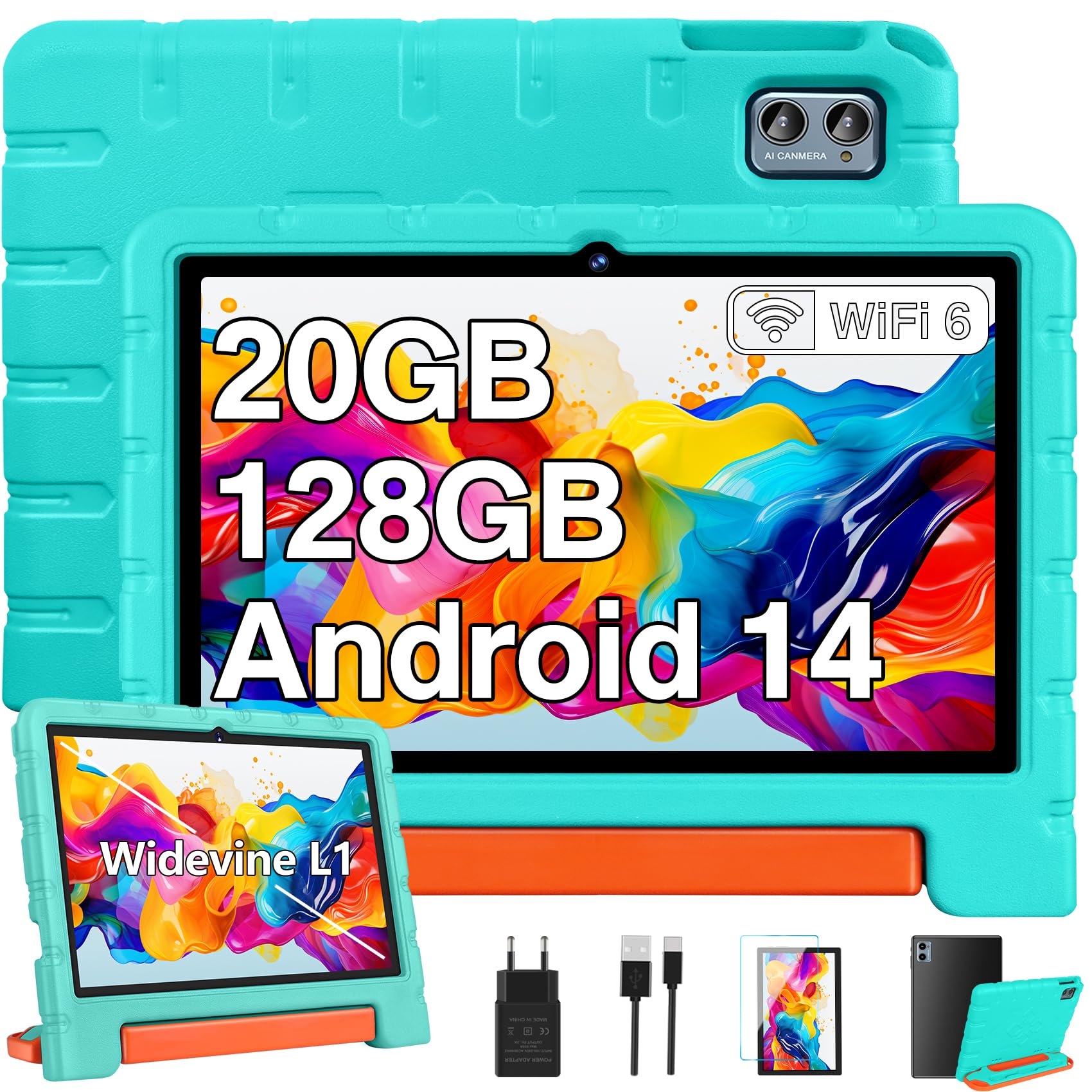 ZIOVO Tablet 10 Pollici Android 14 Tablet Bambini, 20GB RAM+128GB ROM(TF 1TB),WiFi6 Tablet in Offerta, Widevine L1/Octa-Core/BT 5.0/8+5 MP/6000mAh/Tablet per Bambini,Tablet con EVA Caso - Verde