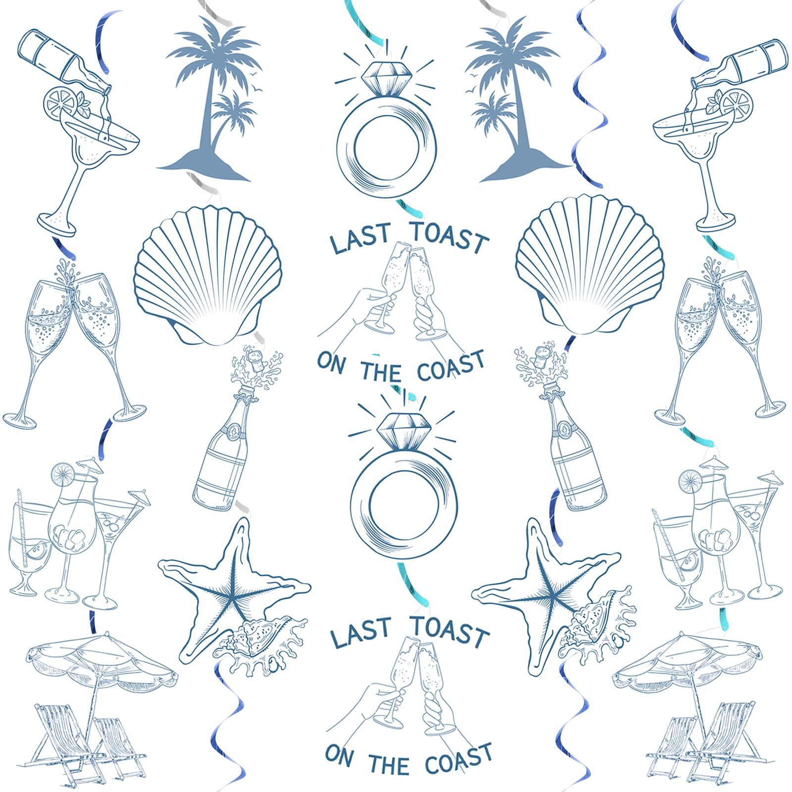 Last Toast On The Coast Party Decorations Coastal Bachelorette Hanging Swirl Blue Nautical Bachelorette Party Supplies with Wine Cup Diamond Ring