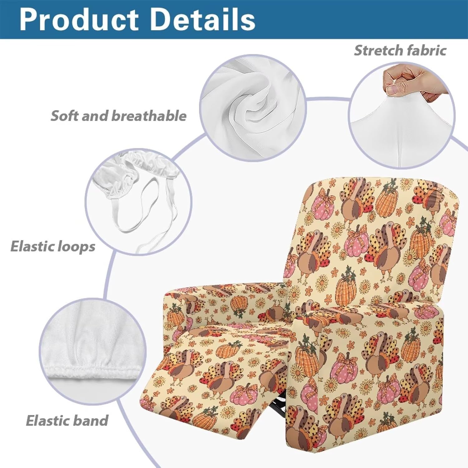 FOR U DESIGNS Turkey Pumpkin Small Recliner Cover 4-Pieces Stretch Slipcover with Elastic Edges Non-Slip Furniture Protector for Recliner Chairs Washable Covers Against Stains