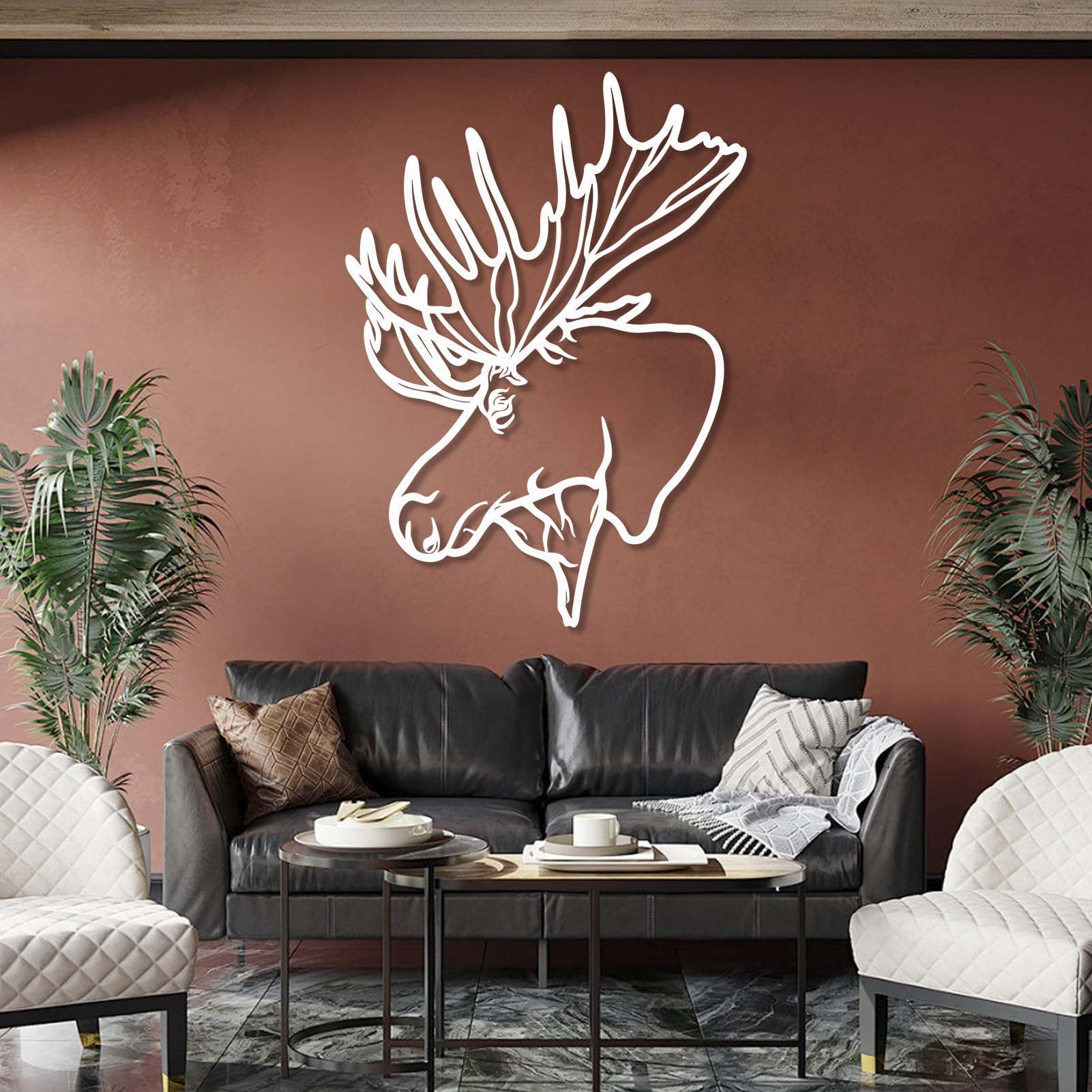 Décoration murale élan métal blanc pour grand mur vide salon