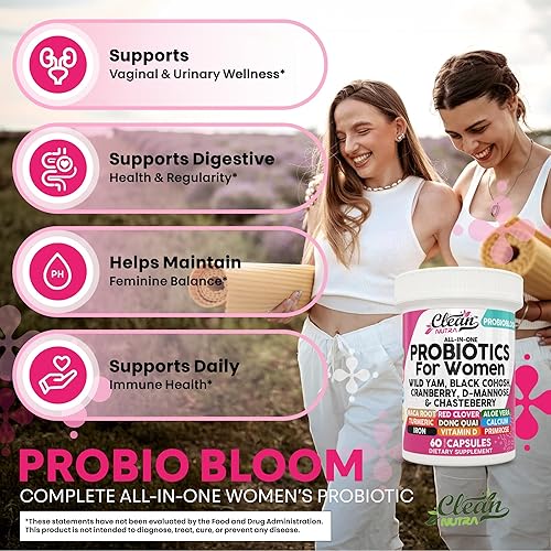 Miniatura 5 de Clean Nutraceuticals Probióticos para mujeres con D manosa, extracto de arándano, ñame silvestre, chasteberry  20 cepas probióticas y prebióticas