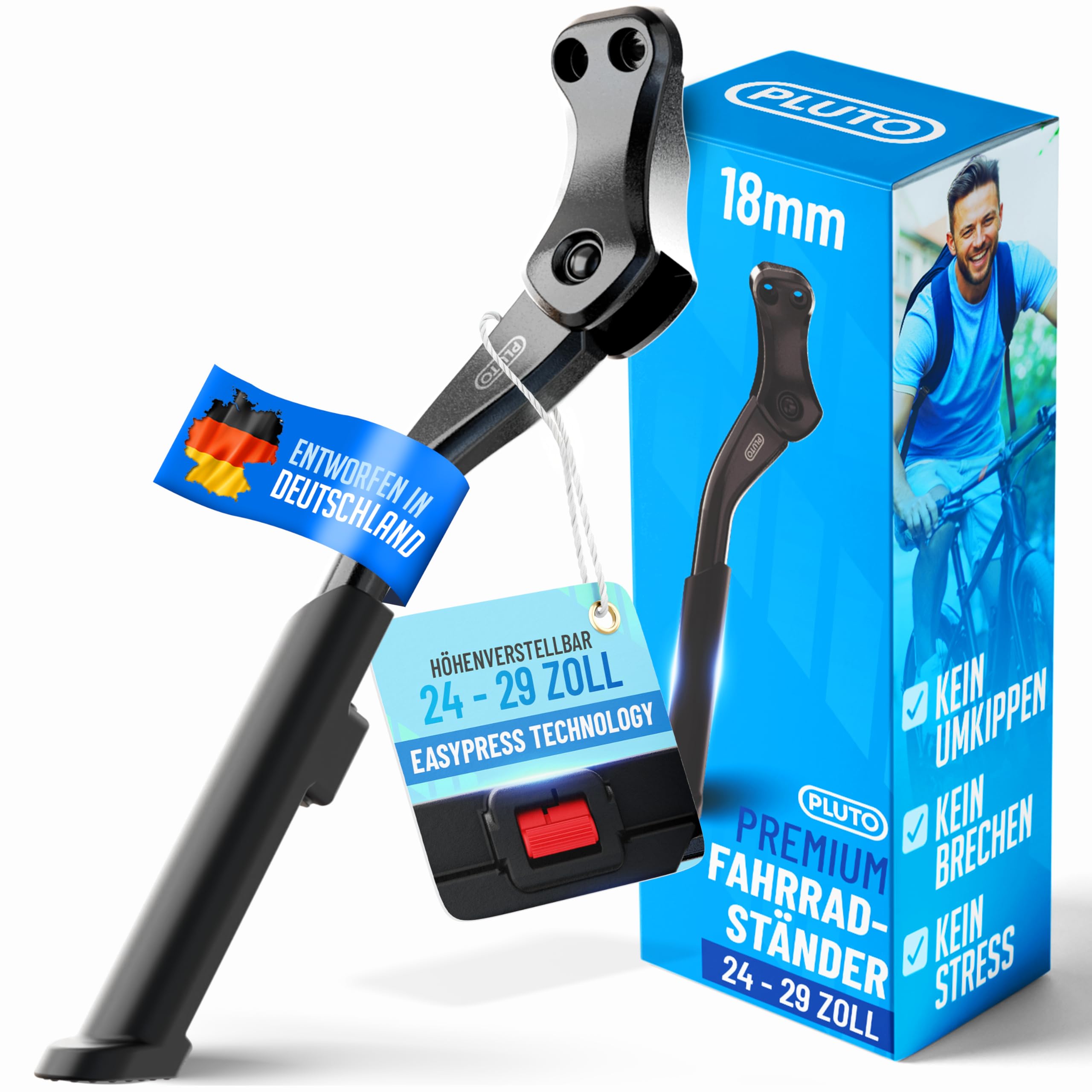 PLUTO Fahrradständer 24–29 Zoll – Höhenverstellbarer Hinterradständer 18 mm aus Aluminium | MTB Fahrradständer & E-Bike Ständer | Rutschfester Fahrrad Ständer für Mountainbike, City & Trekking