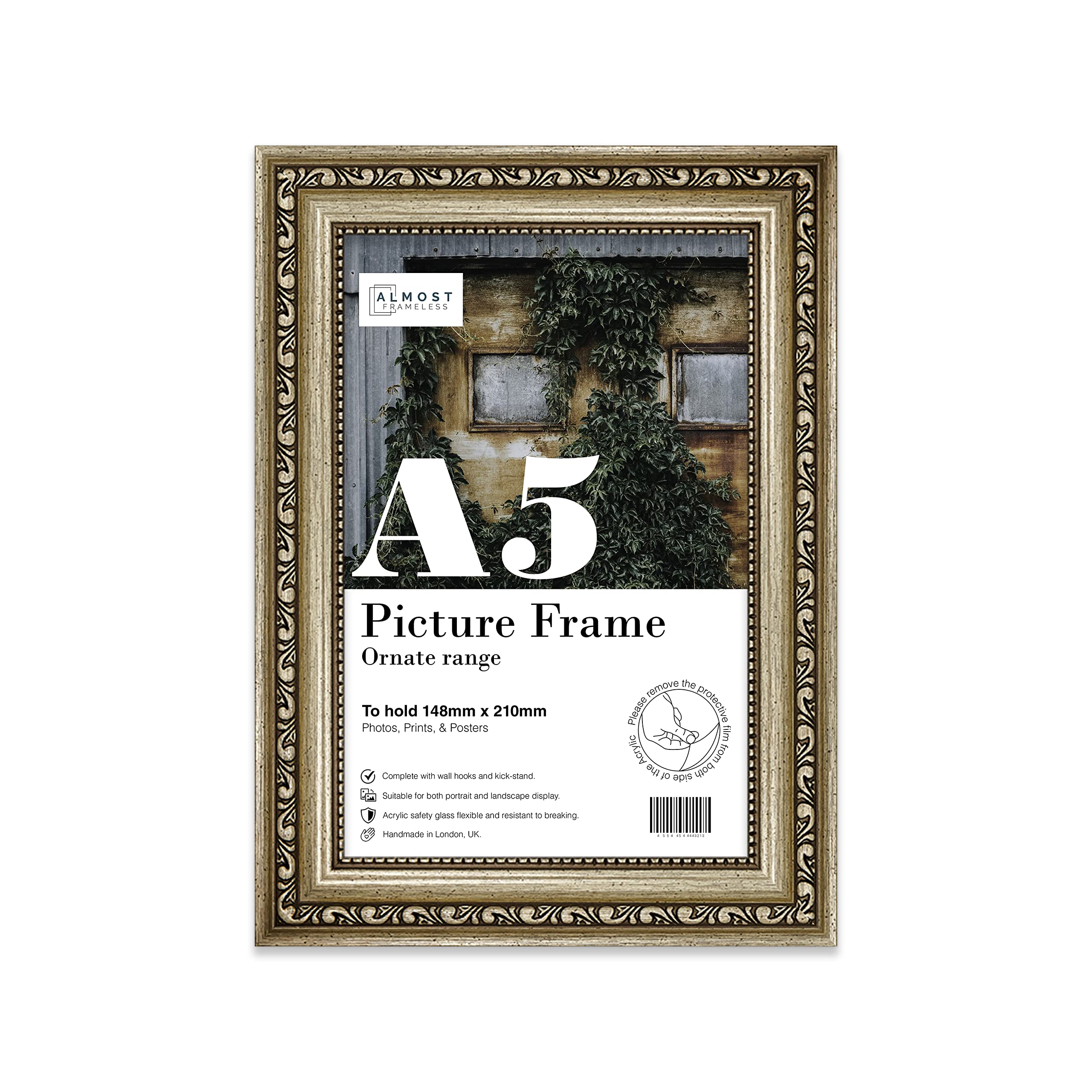 Almost Frameless A5 Champaign Ornate Picture Frame Fits A5 (14.8 x 21cm - 5.8 x 8.3in) Poster, Photo, Artwork, or Print. Opulent Style Portrait and Landscape Display with Wall Hooks โ image 1