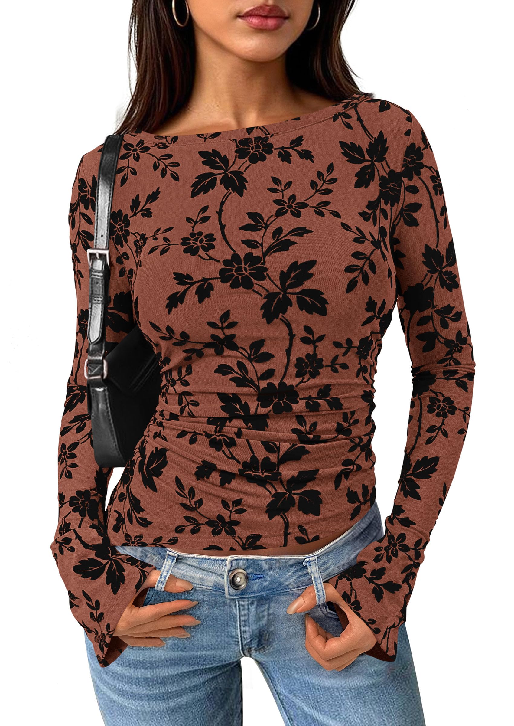 PRETTYGARDEN Women's Long Bell Sleeve Y2K Tops Boho Floral Mesh Blouses