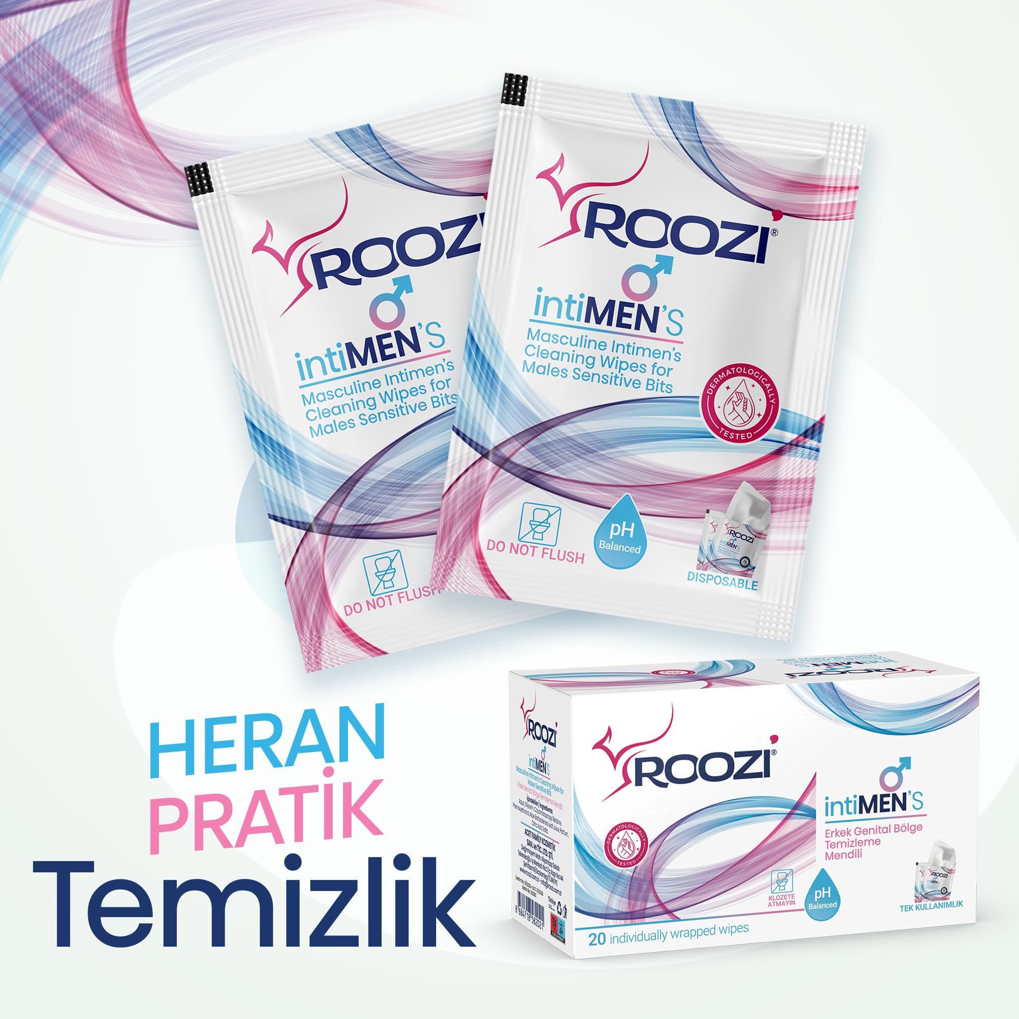 Roozi intiMEN’S – Erkekler İçin Özel Bölge Temizlik Mendilleri, Aloe Vera Konforu, Koku Giderici, Nemlendirici & Nem Desteği Sağlayan, pH Dengeli – 20’li Ayrı Paketlenmiş Mendil