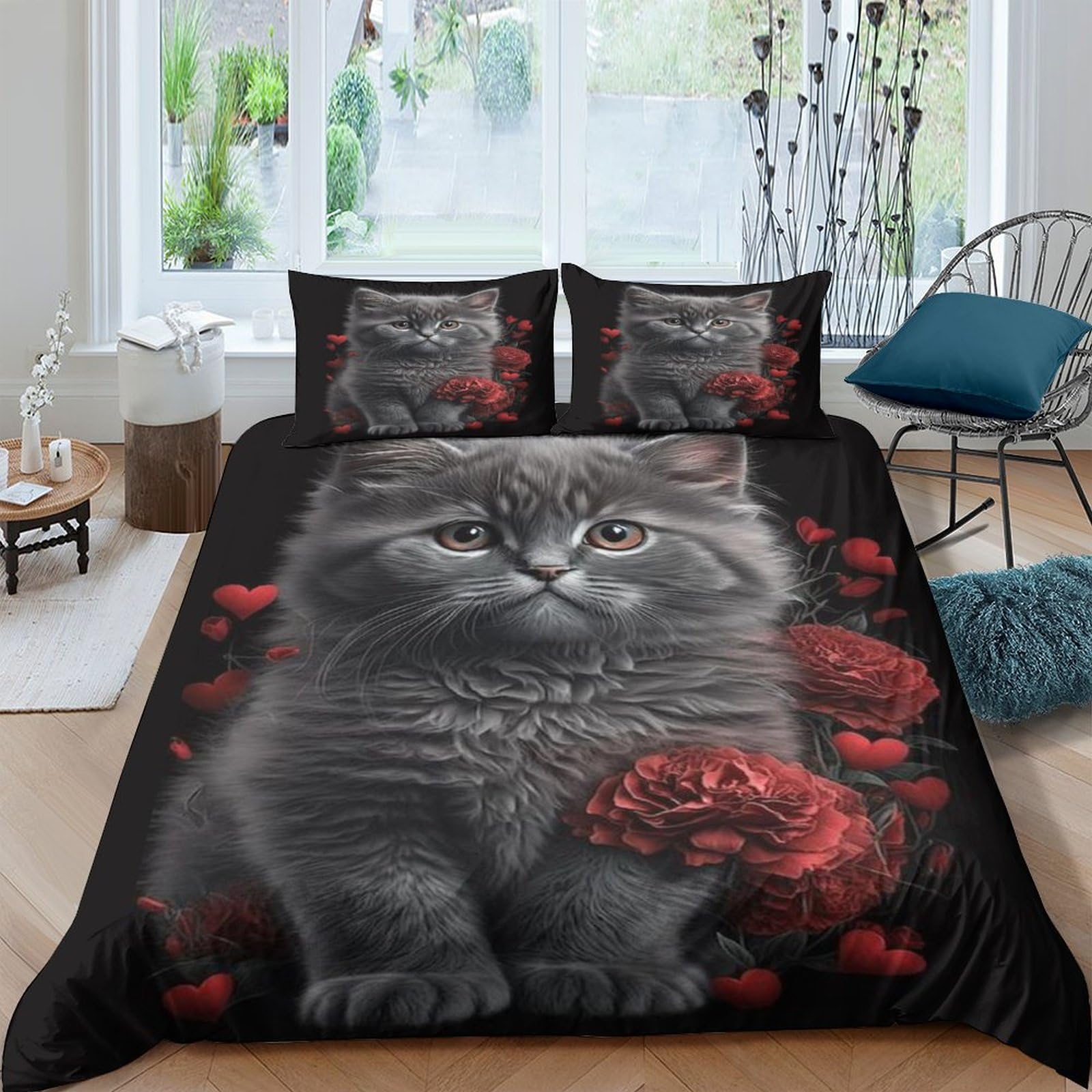 Housse de couette chaton 3D imprimé animaux mignons parure de lit microfibre double