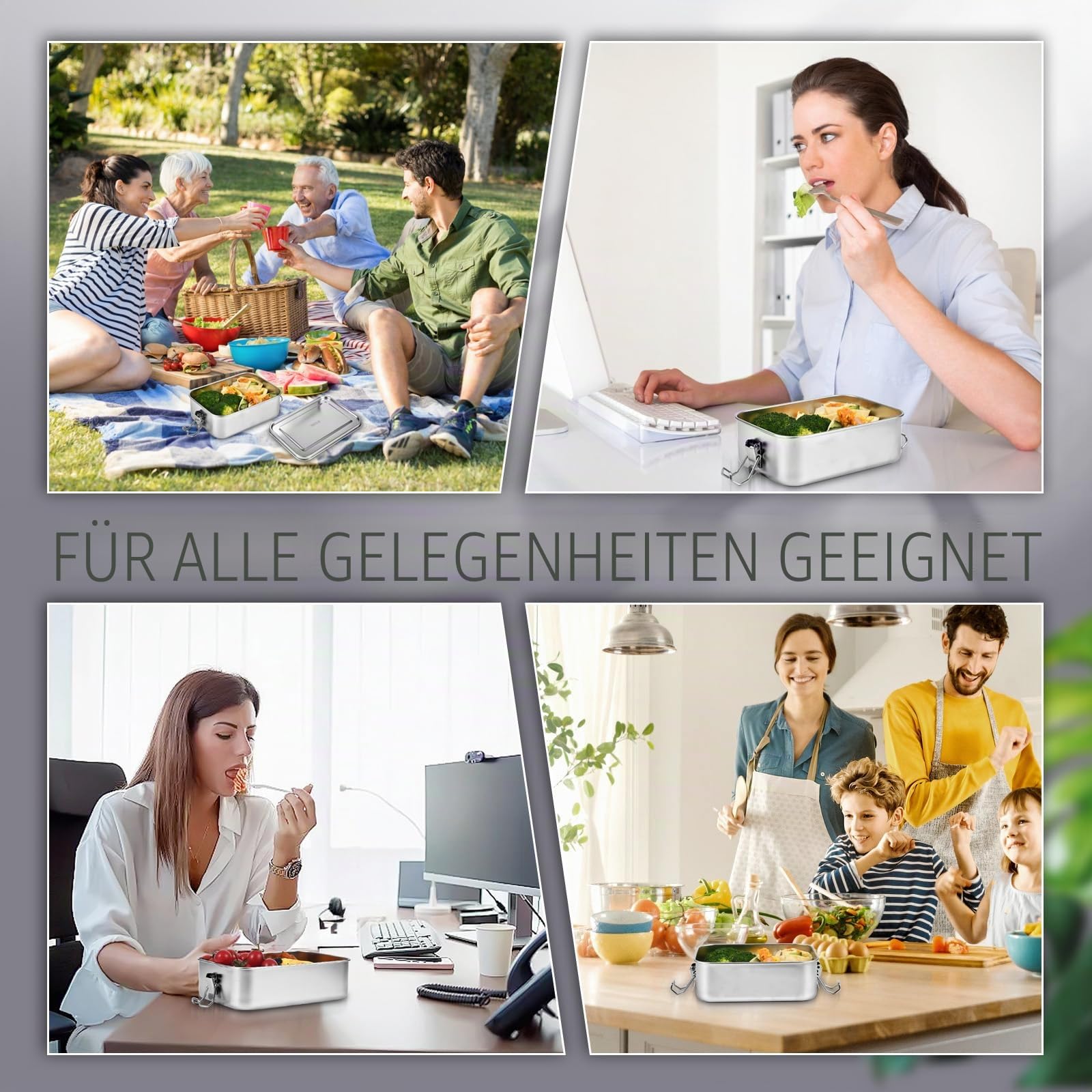 4 Stück Edelstahl-Bento-Box, 4 Größen, Metall-Lunchbox, Lebensmittelbehälter, Lunchbehälter für Zuhause, Arbeit, Camping (550 ml + 850 ml + 1400 ml + 2400 ml)