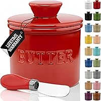 Vista 18 de PriorityChef - Mantequera con tapa con línea de agua, plato de mantequilla francesa de cerámica para dejar en la encimera, color caqui