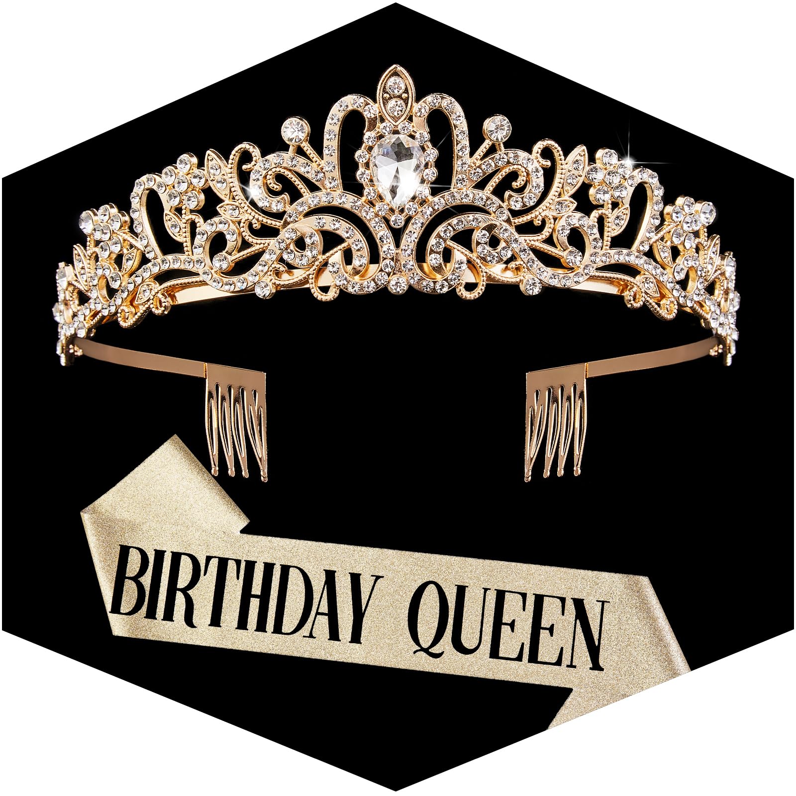 Fesciory Birthday Crown for Women, Gold Plated Crystal Tiara with Sash