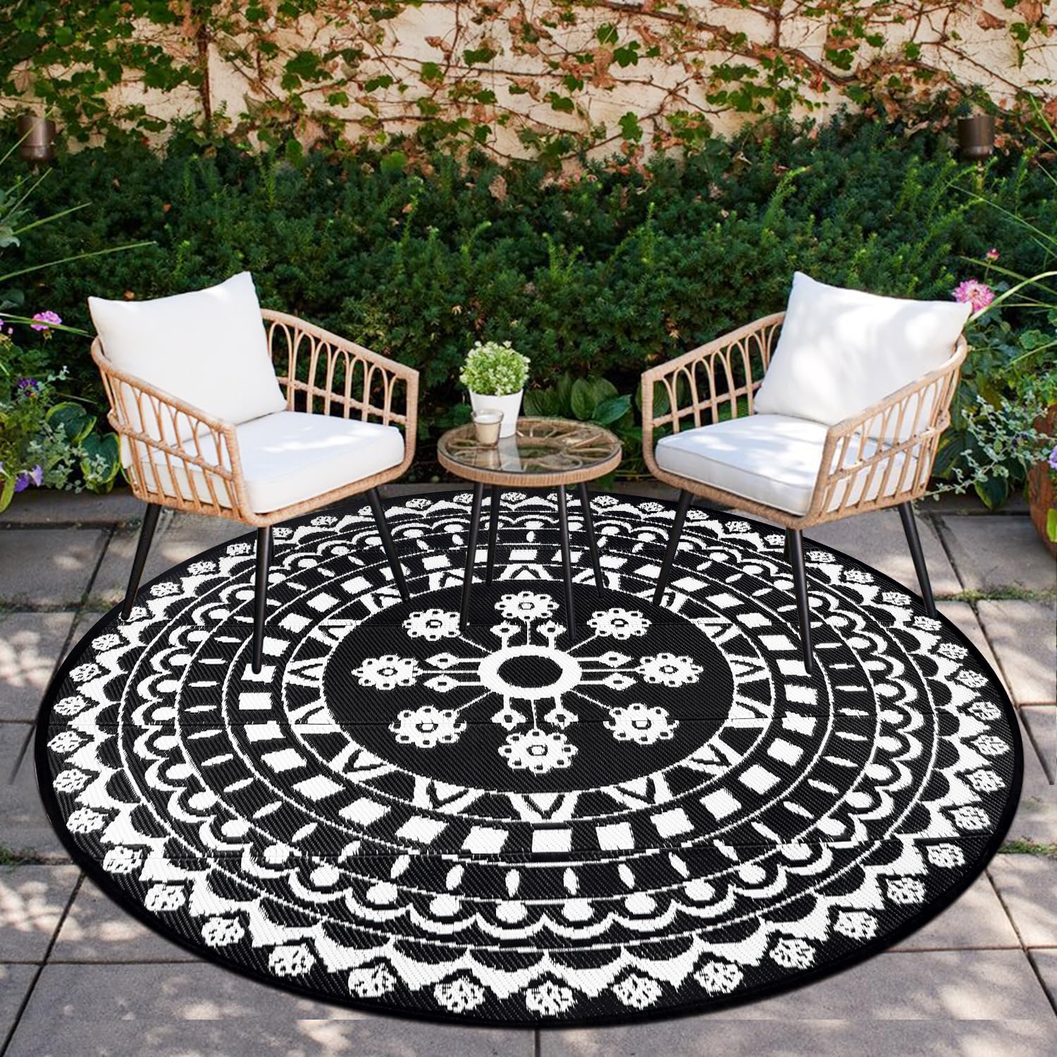 Capslpad Boho Outdoor Rugs Round 180cm Waterproof Outdoor Patio Rug Reversible Picnic Mat Portable UV Resistant Plastic Straw Rug Indoor Outside Round Area Rug for Tent,RV,Backyard,Balcony,Deck Decor
