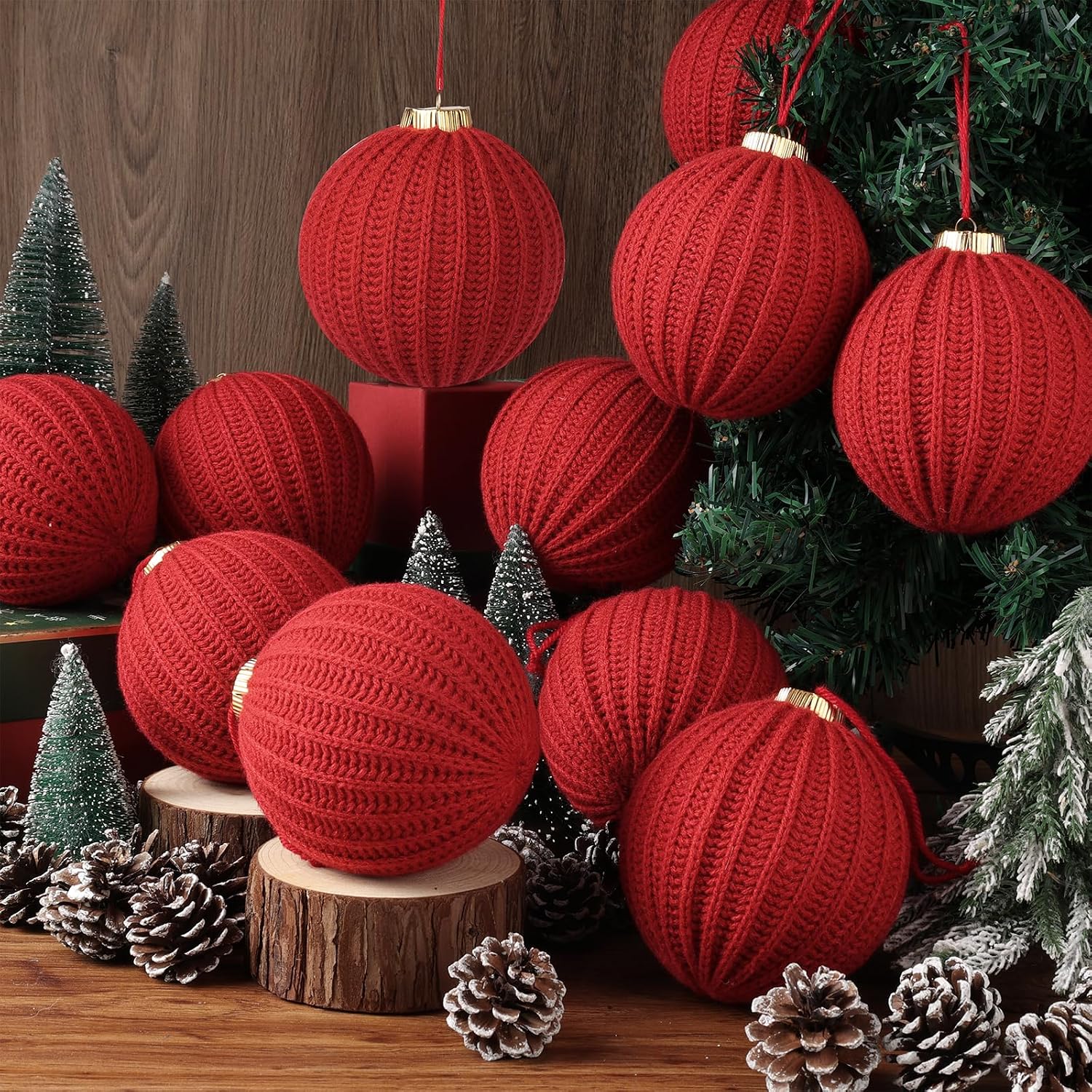 12 Pack Crochet Christmas Ball Ornaments Christmas Knitted Tree decorr - Earthy Tones & Festive Colors for Xmas Tree Decorating (Red, 4 inch)